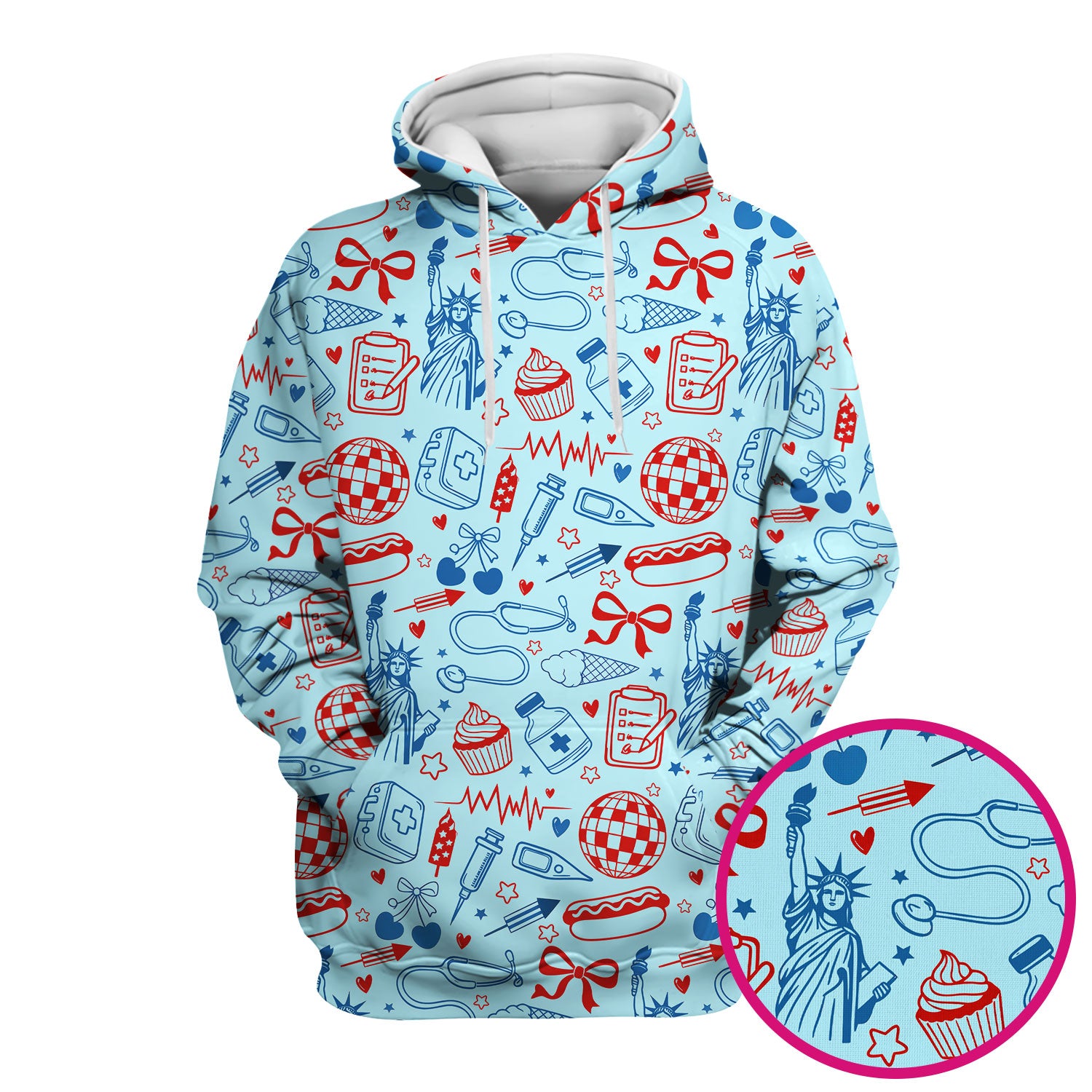 Patriotic Nurse Medical Icons Pattern Scrub Top, Breathable Fabrics Nursing Uniform