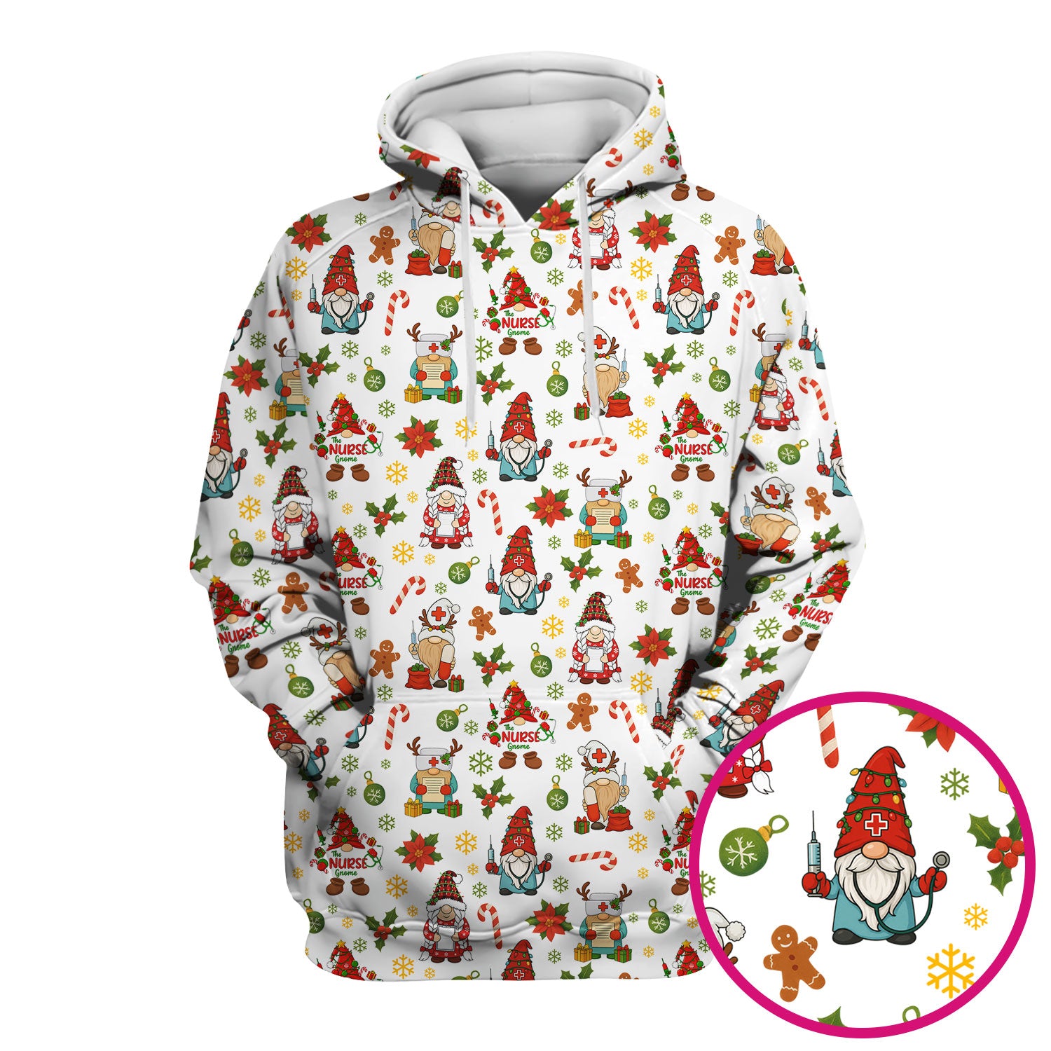 Christmas Gnome Nurse Scrub Top - Cute Holiday Santa Reindeer Print Scrubs - Funny Xmas Medical Scrub Shirt Gift for Women, CNA, RN, Doctor