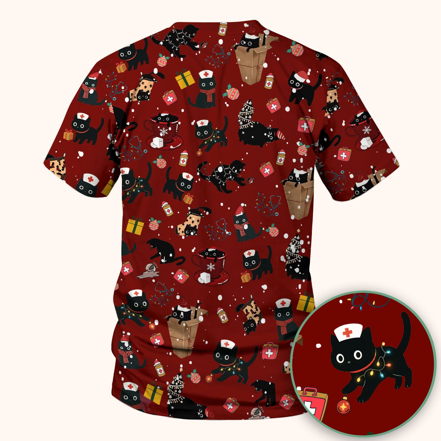 Funny Cat Scrub for Women - Christmas Black Cats Comfortable Scrubs for Nurses - Breathable Fabrics Nursing Uniform