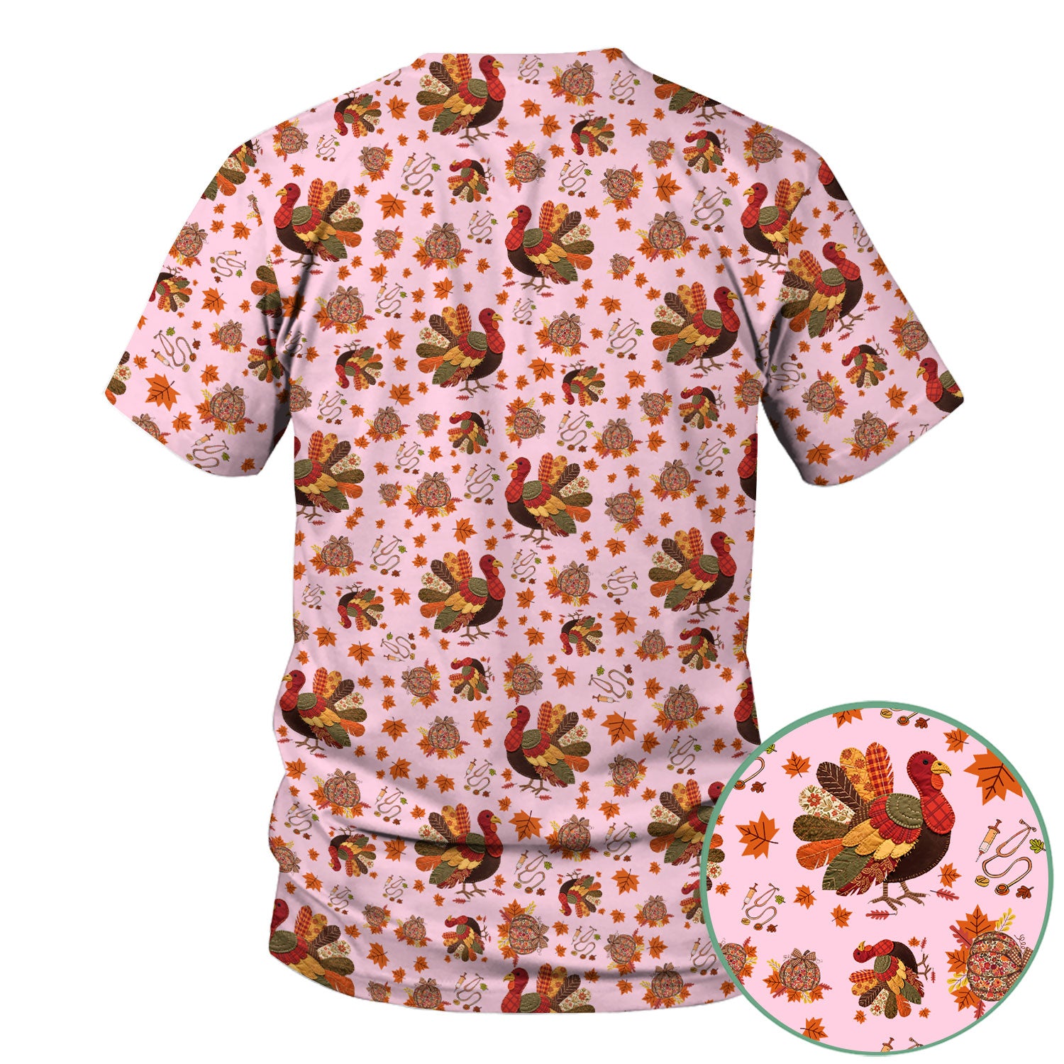 Thanksgiving Turkey Nurse Scrub Top for Women - Fall Leaves Pattern Shirts - Autumn Nursing Uniform Gift for RN LPN CNA