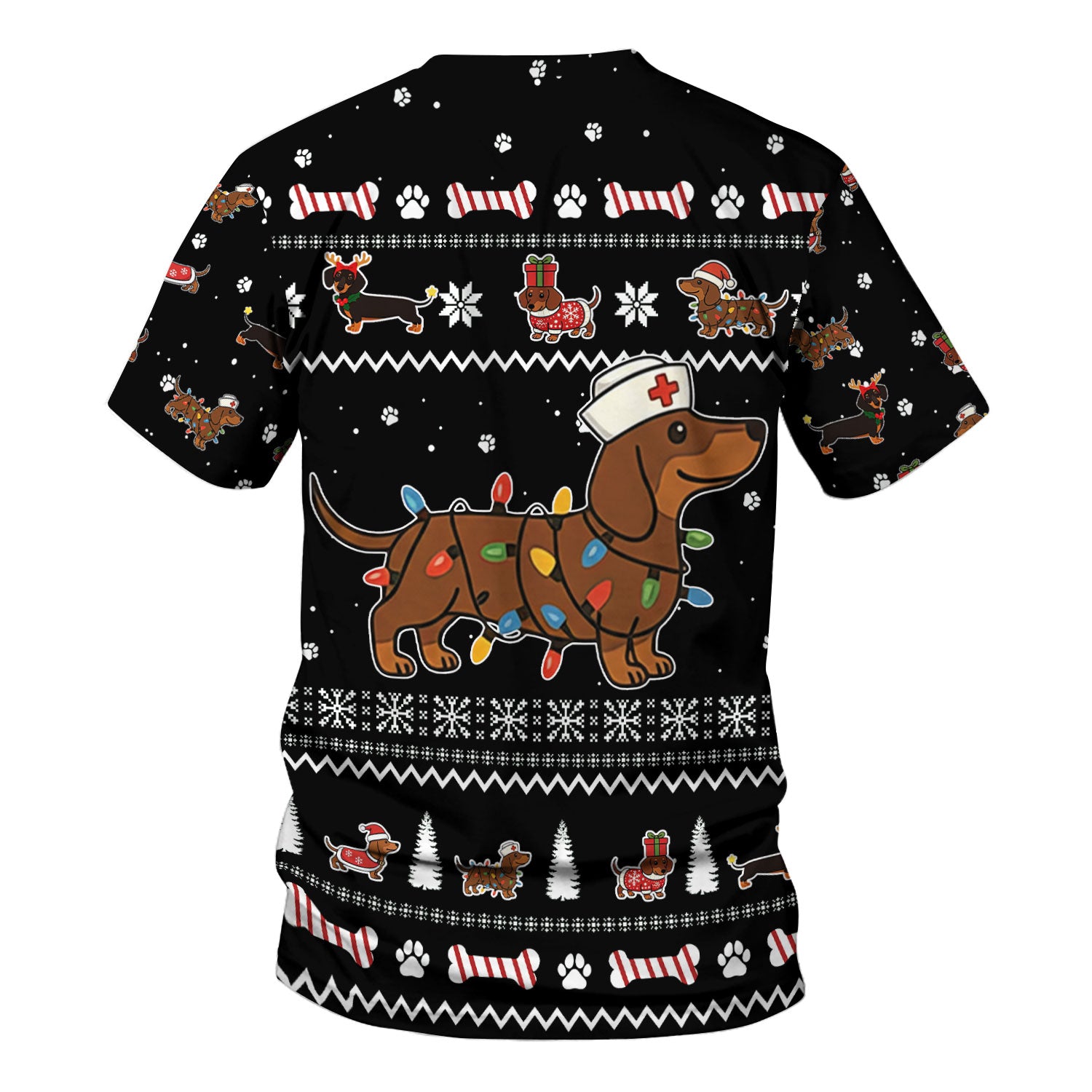 Christmas Dachshund Nurse Scrub Top for Women - Cute Sausage Dog Wearing Lights - Funny Holiday Medical Shirt Gift for RN CNA LPN
