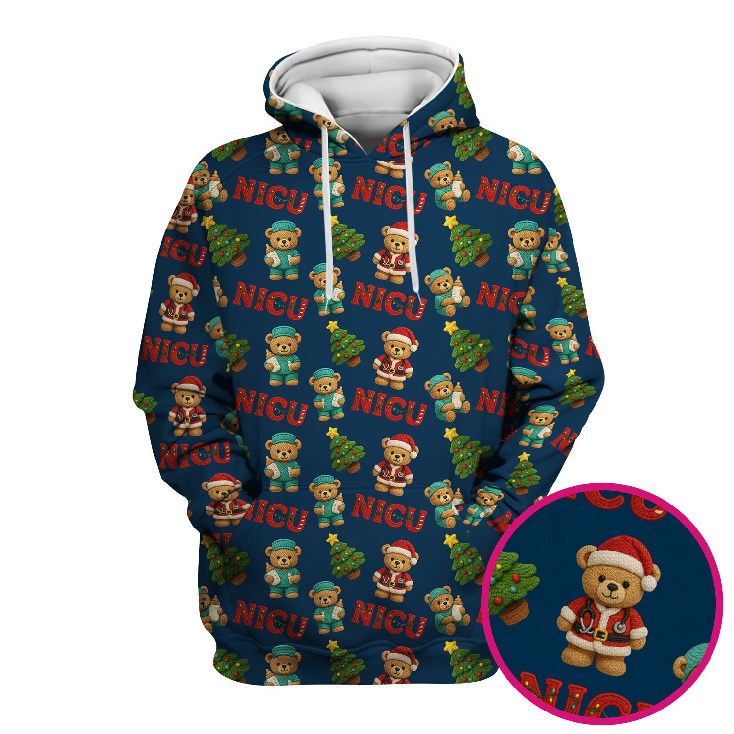 Festive Christmas NICU Nurse Teddy Bear Pattern, Breathable Fabrics Nursing Uniform