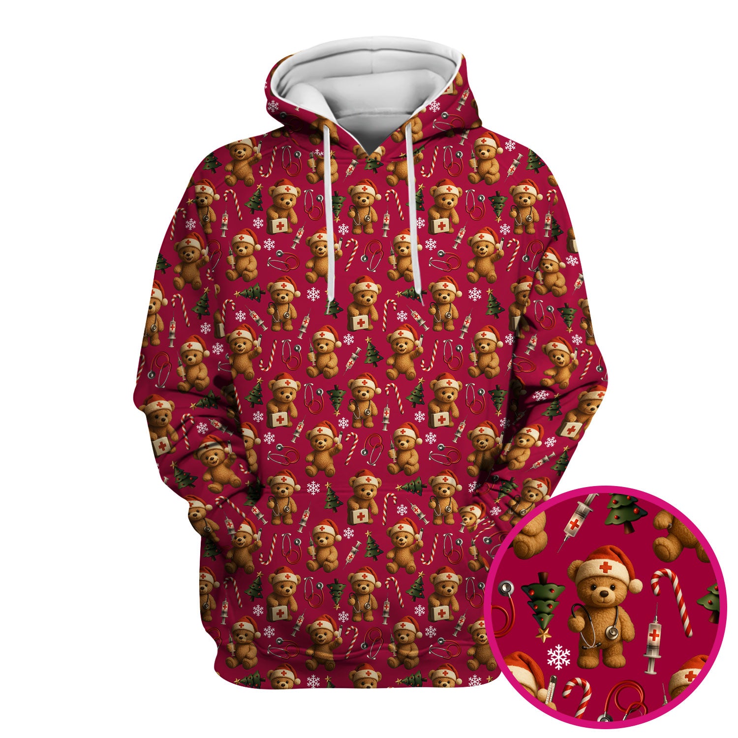 Teddy Bear Christmas Scrubs for Women - Cute Nurse Bear Pattern Medical Scrub Top - Holiday Christmas Scrubs with Fun Festive Design