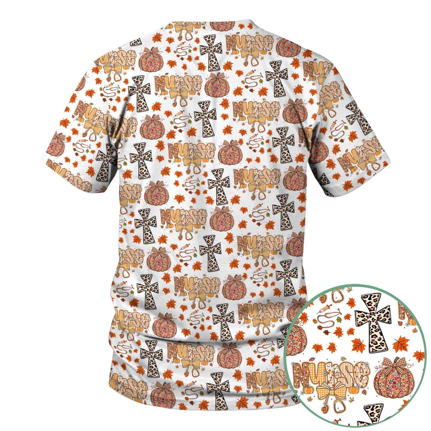 Floral Pumpkin Scrub Top for Women - Coquette Bow Thanksgiving Shirt - Comfortable Medical Uniform