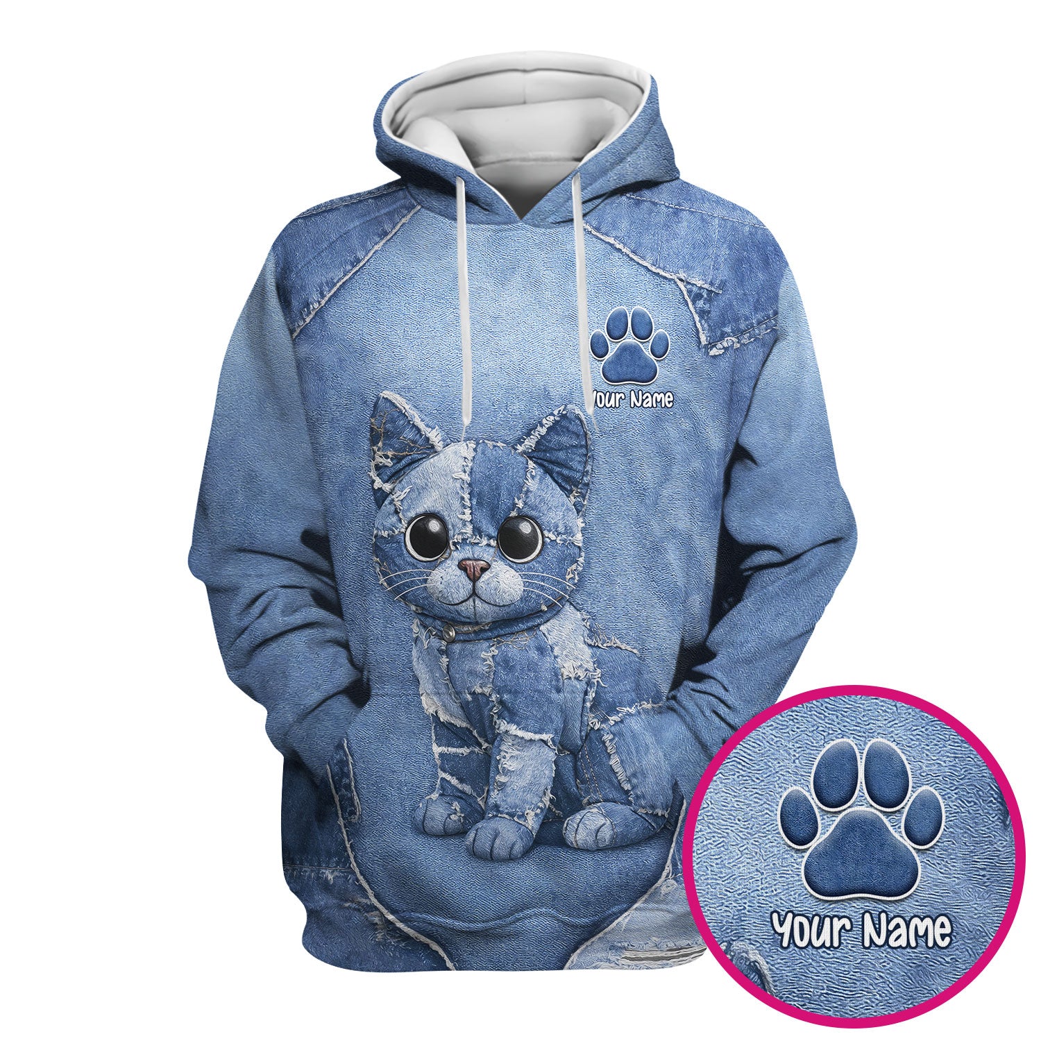 Personalized Patchwork Denim Cat Nurse Pattern Scrub Top, Breathable Fabrics Nursing Uniform