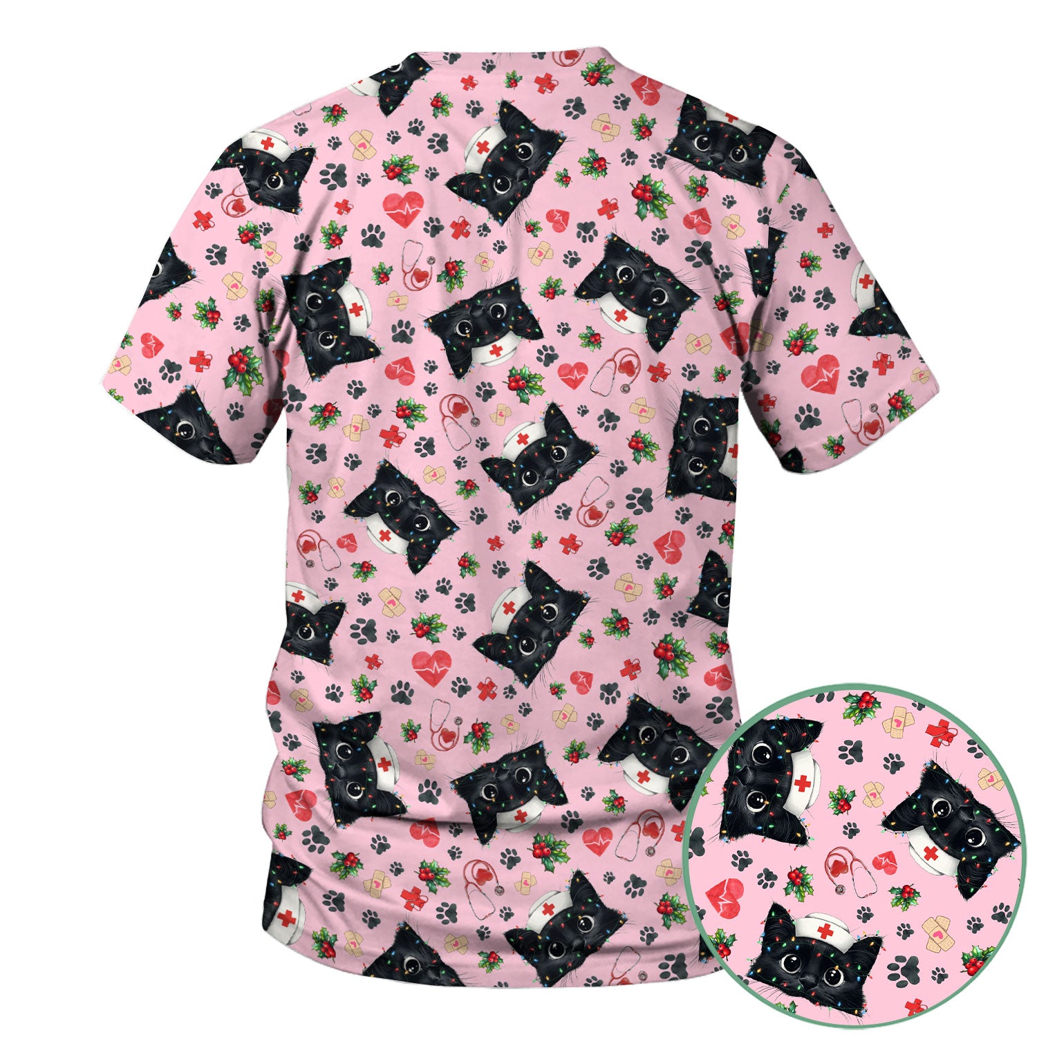 Black Cat Scrub Top for Nurse - Cute Kittens Christmas Medical Uniform - Funny Holiday Gift for Women