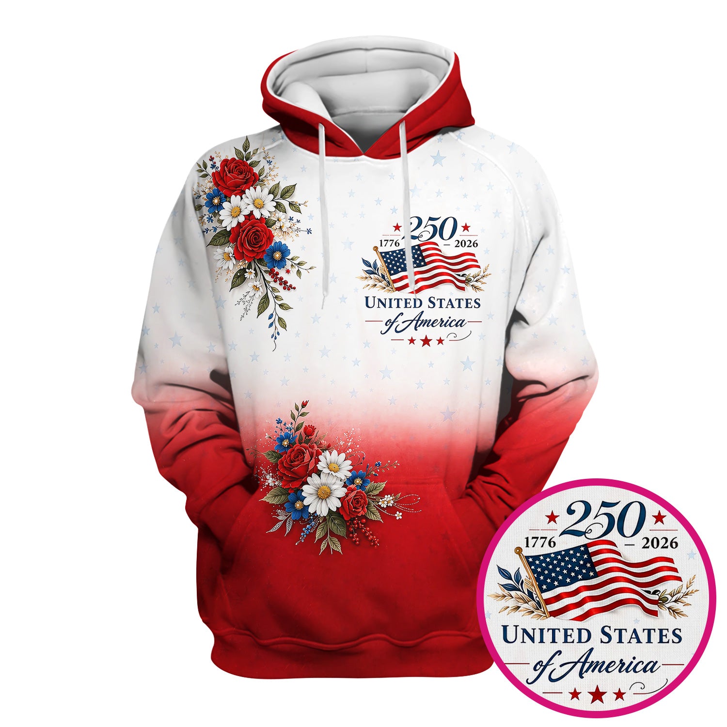 Patriotic 250th Flag Floral Pattern Scrub Top, Comfortable Scrubs for Nurses