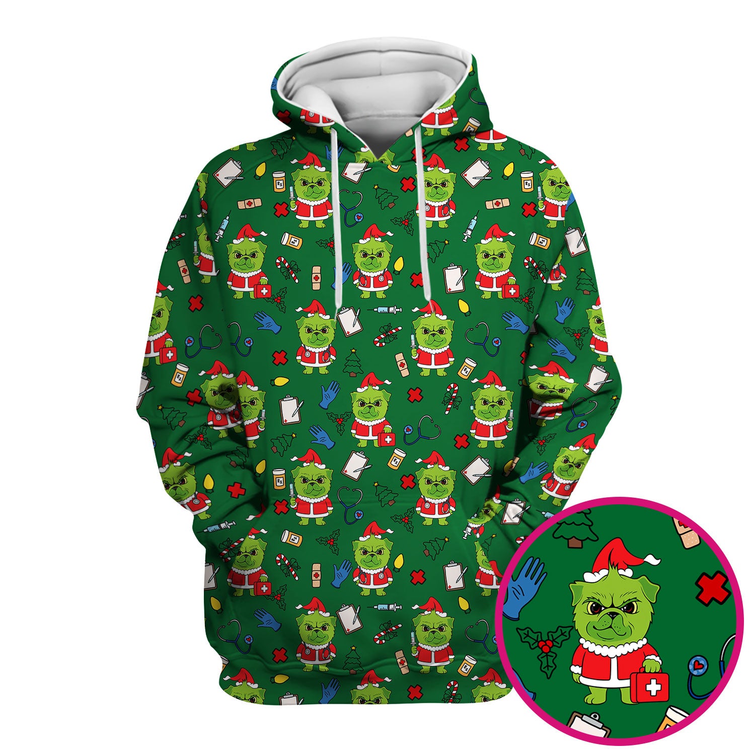 Funny Christmas Scrub Top for Nurses - Grumpy Dog and Medical Tools Pattern - Holiday Nurse Scrubs for Women