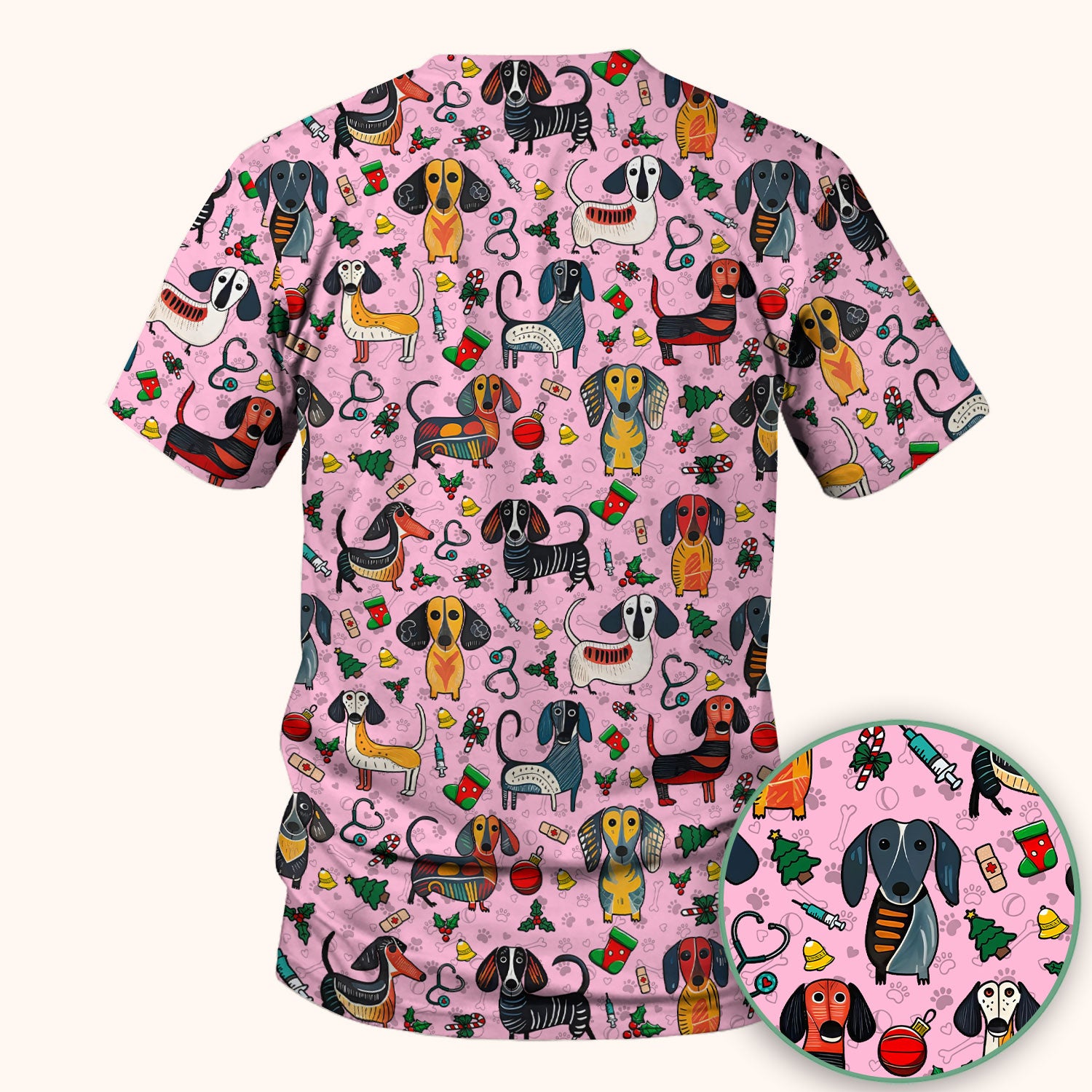 Christmas Wiener Dog Scrub Top - Funny Sausage Dog Nurse Shirt for Women - Holiday Medical Uniform