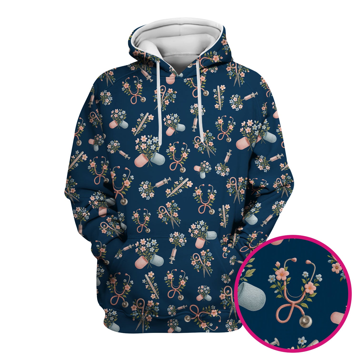 Floral Medical Scrub Top, Elegant Stethoscope With Flower Nursing Shirt, Breathable Fabrics Nurse Uniform