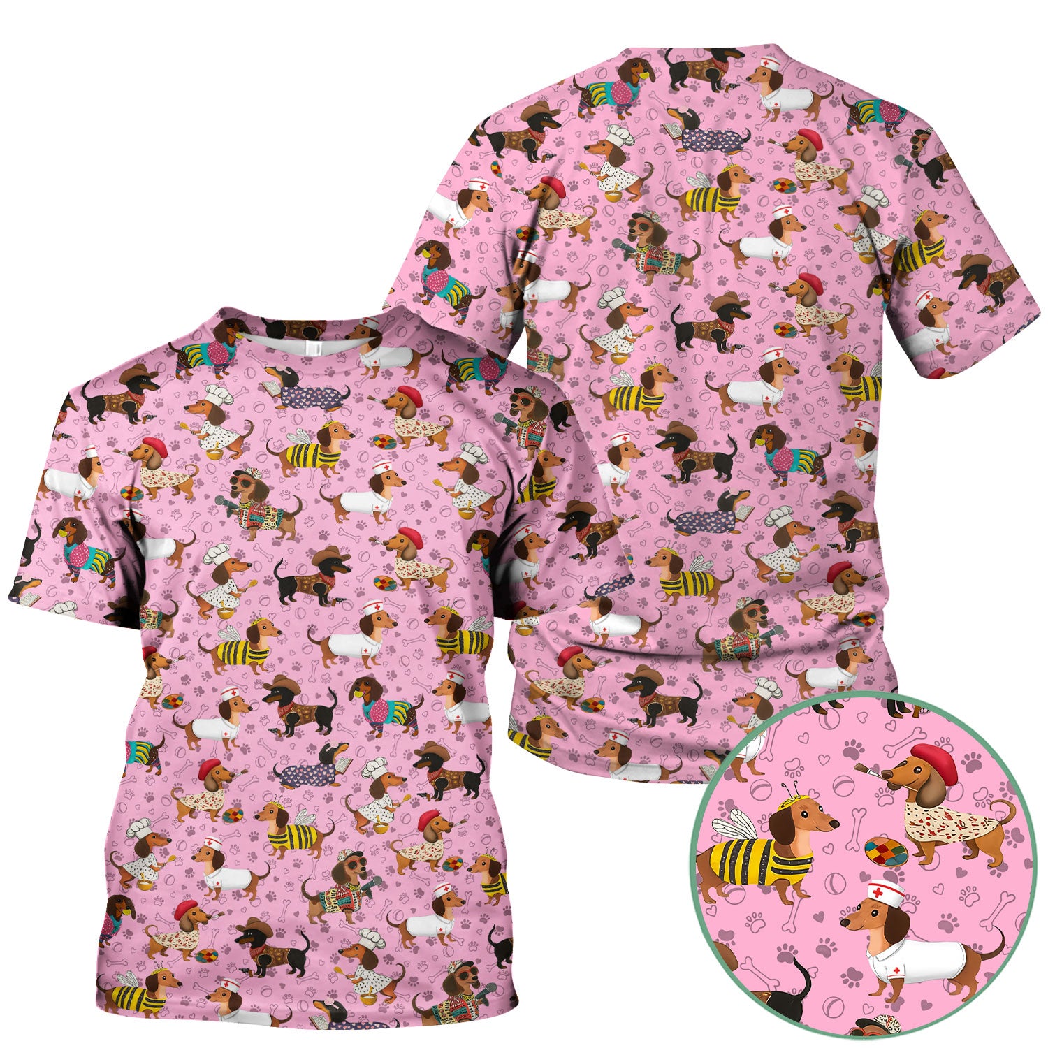 Funny Dachshund Scrub Top for Nurses - Wiener Dog in Bee, Chef, Nurse Costumes - Cute Sausage Dog Medical Shirt RN CNA LPN