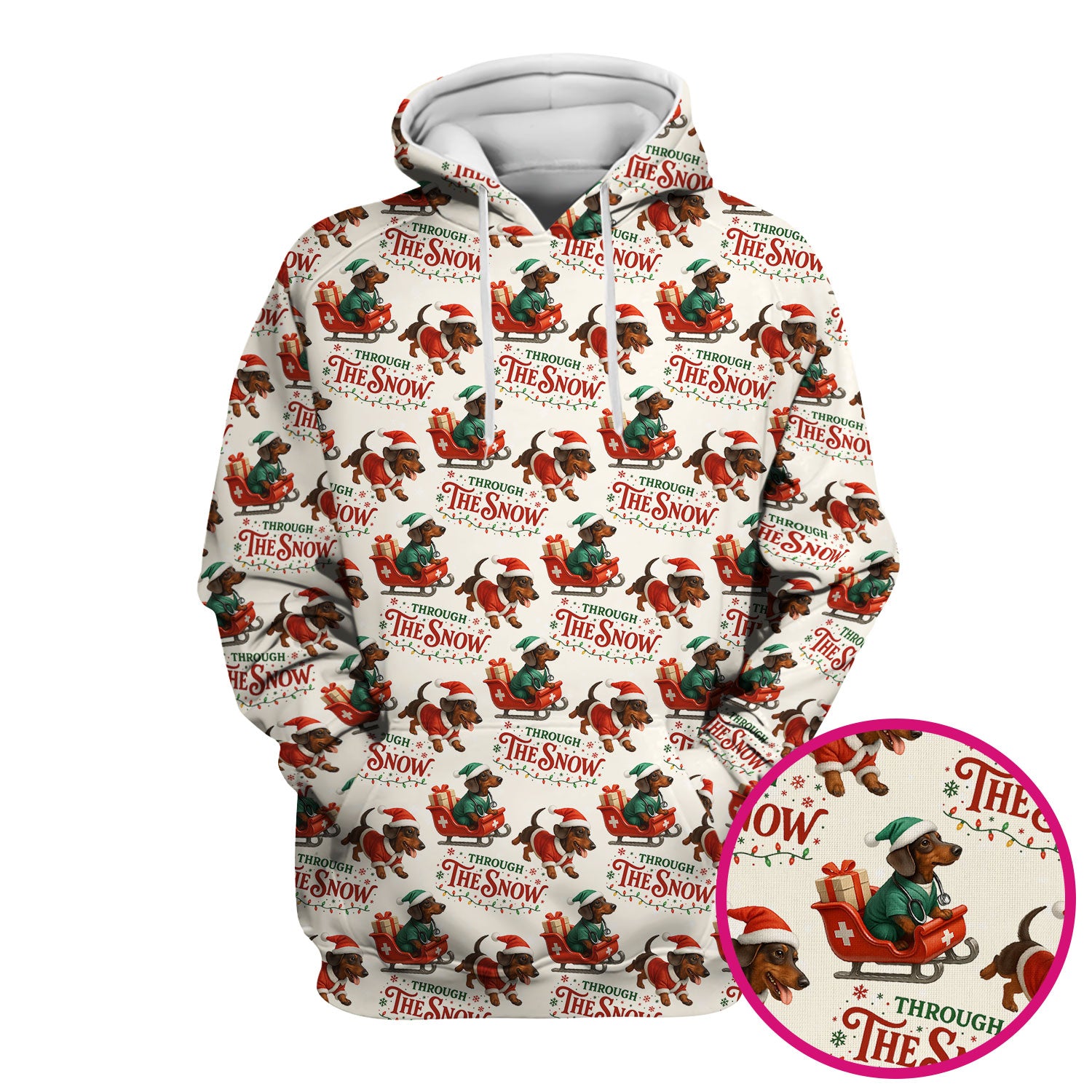Dachshund Christmas Scrub Top, Cute Dog Nurse Scrub Shirt, Through The Snow Pattern Nursing Uniform