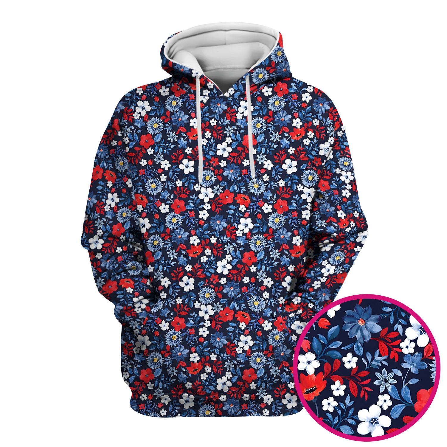 Classic Floral Print V Neck Scrub Top for Nurses, Blue Red Medical Uniform