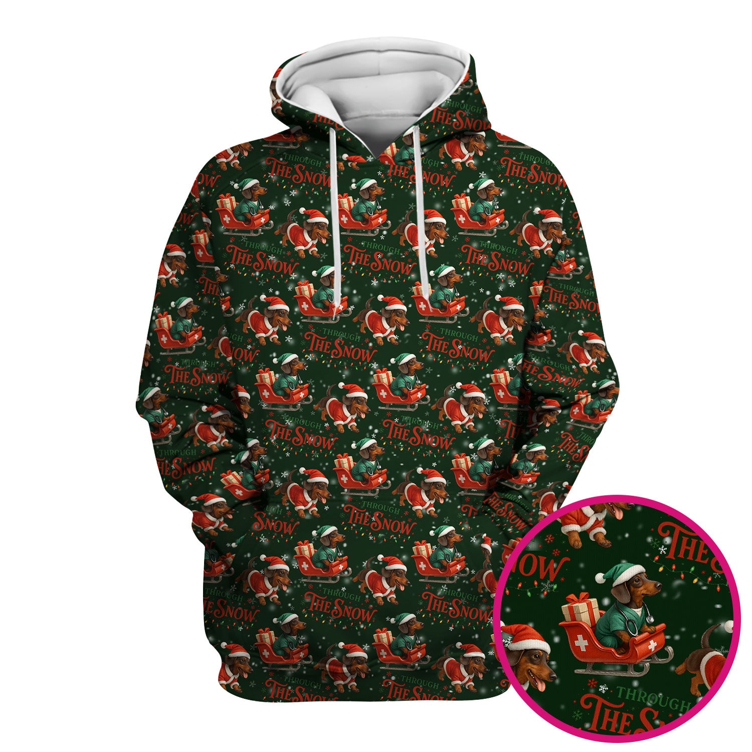Dachshund Christmas Scrub Top, Cute Dog Nurse Scrub Shirt, Through The Snow Pattern Nursing Uniform