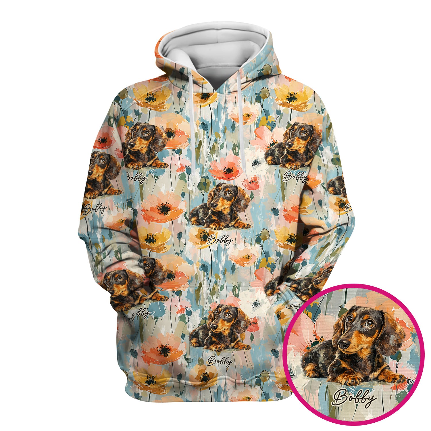 Personalized Dachshund Floral Portrait Pattern Scrub Top, Comfortable Scrubs for Nurses