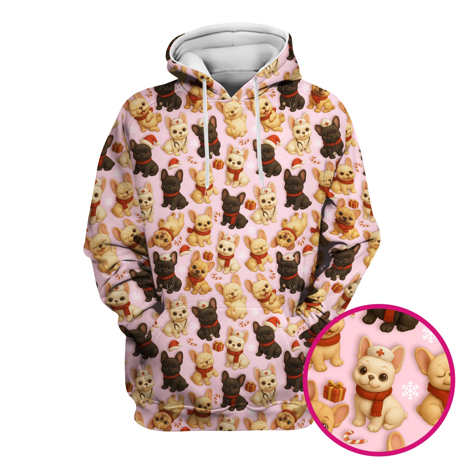 French Bulldog Scrubs Christmas Top for Nurses - Cute Holiday Dog Pattern with Gifts, Candy Canes & Nurse Icons - Festive Christmas Scrubs Shirt for Women