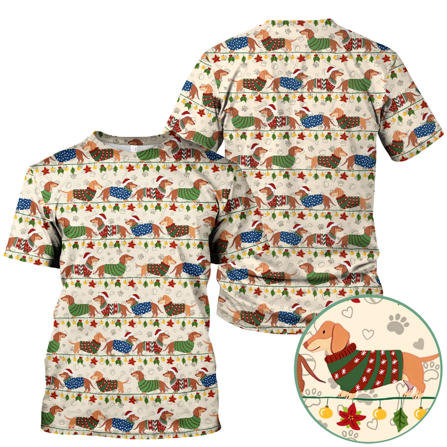 Christmas Dachshund Scrub Top - Cute Dog Print Scrubs for Women, Men Multi Color - Holiday Scrub Shirt Gift for Nurse, CNA, RN, Doctor