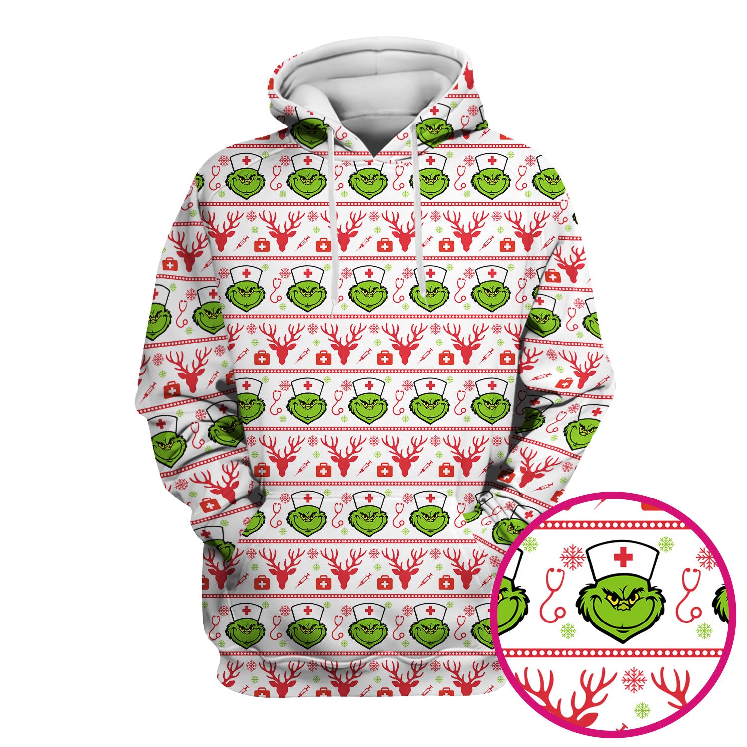 Funny Grinch Nurse Scrubs Top - Ugly Christmas Sweater Style Scrub Shirt - Holiday Nursing Workwear for Women