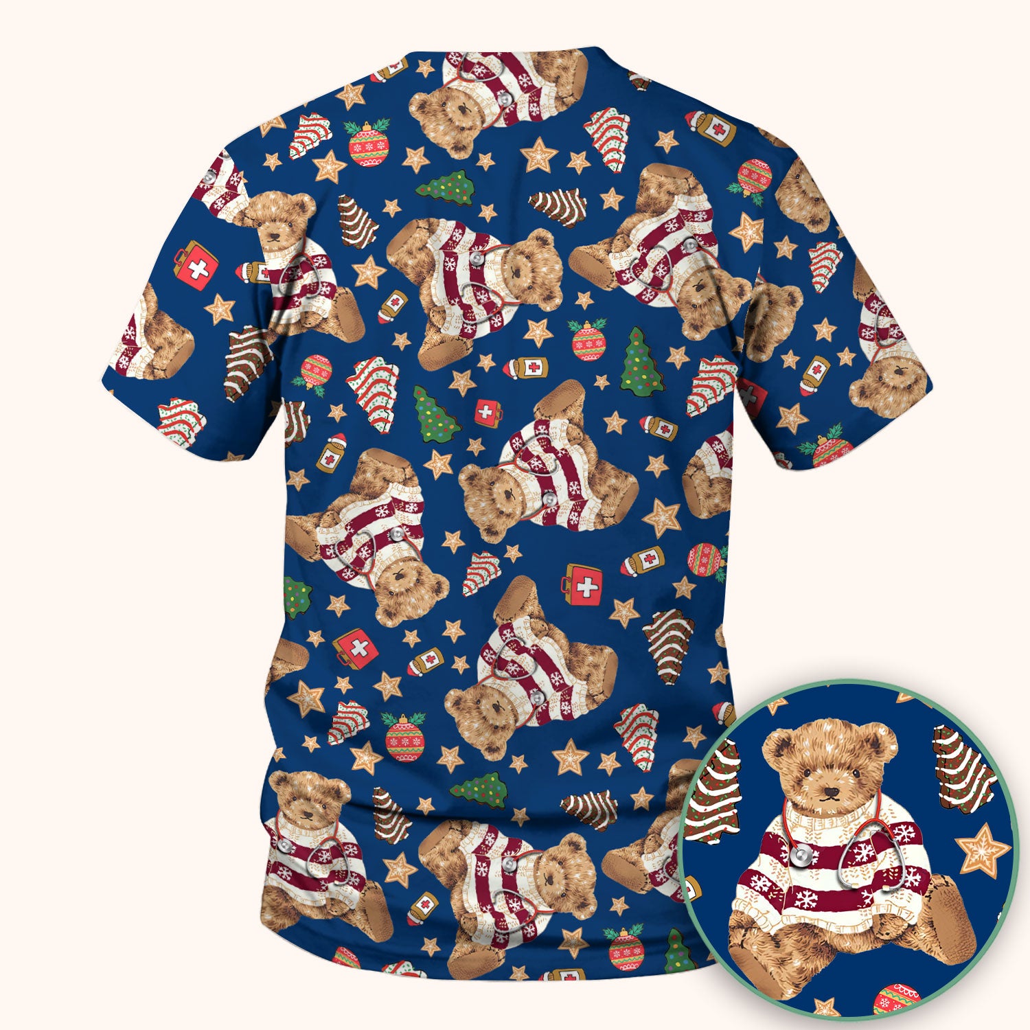 Teddy Bear Christmas Scrub Top - Cute Holiday Medical Pattern with Warm Sweater Bear - Gift for Nurses RN CNA LPN