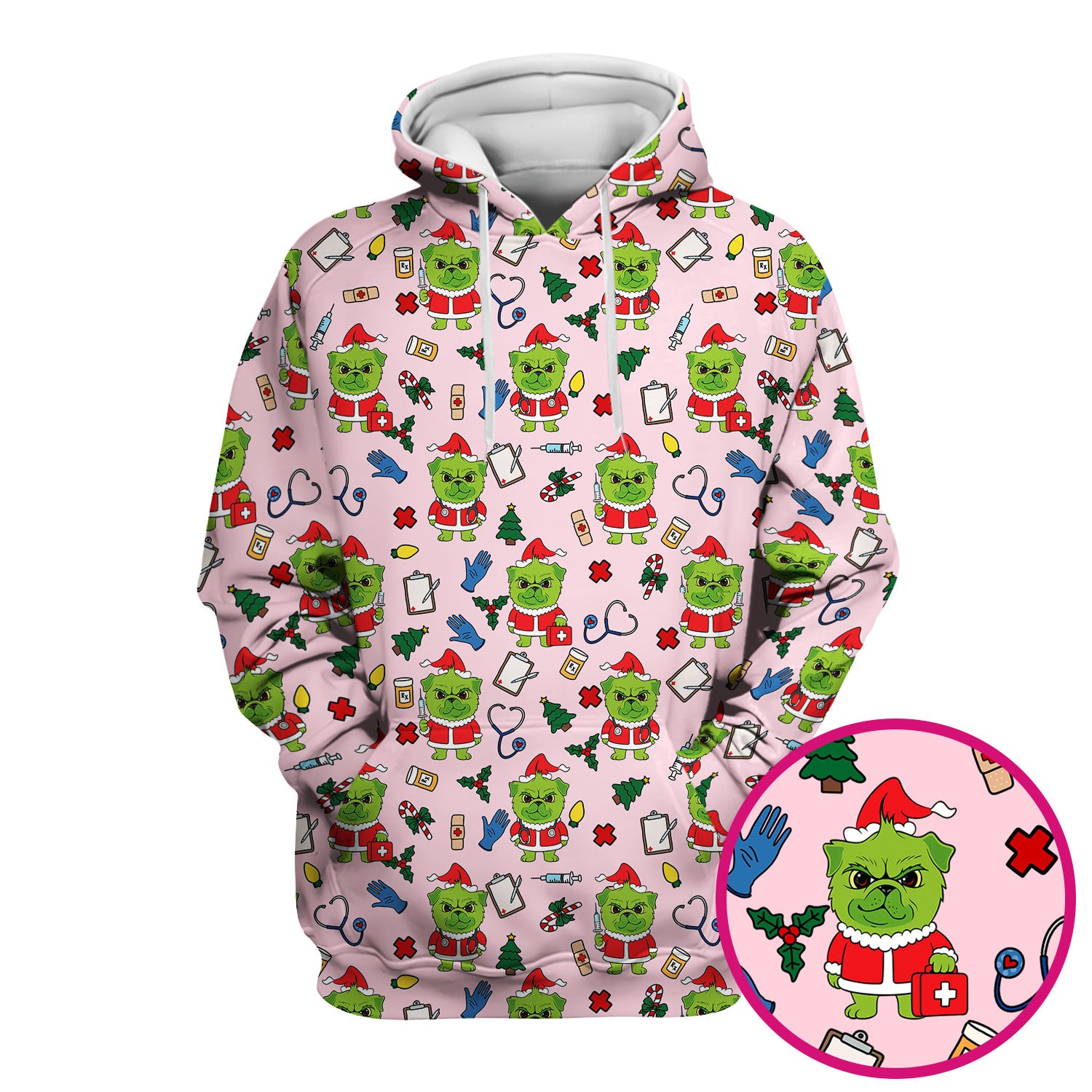 Funny Christmas Scrub Top for Nurses - Grumpy Dog and Medical Tools Pattern - Holiday Nurse Scrubs for Women
