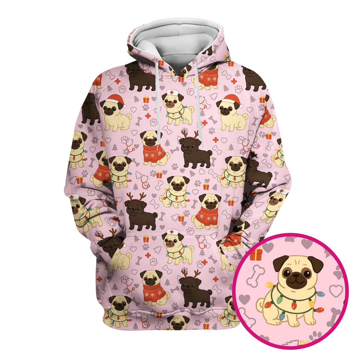 Cute Pug Christmas Nurse Scrub Top for Women - Funny Holiday Dog Pattern Medical Shirt - Festive Gift for RN LPN CNA Vet Nurses