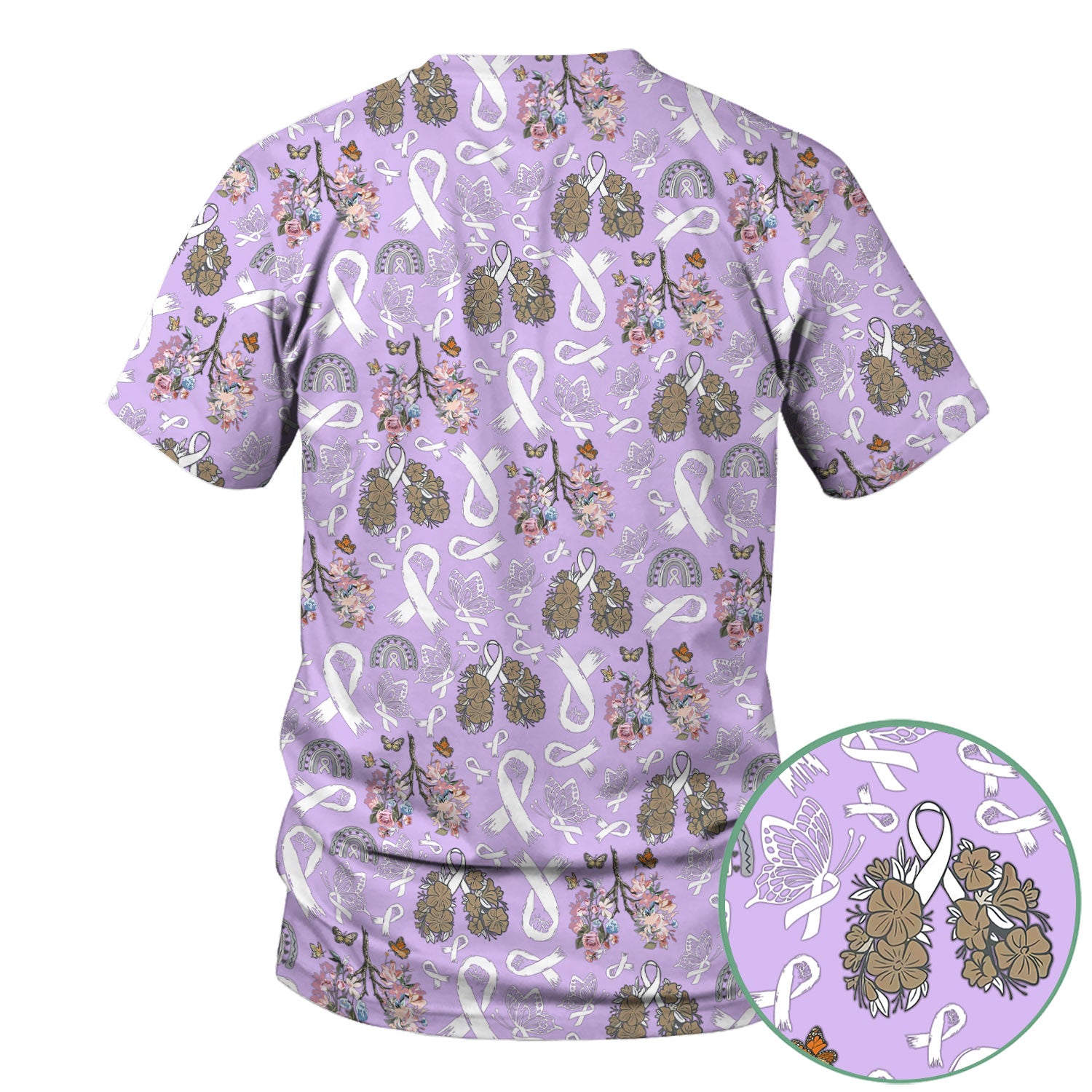 Lung Cancer Awareness Scrub Top for Women - White Ribbon Butterfly Floral Medical Uniform - Comfortable Scrubs for Nurses