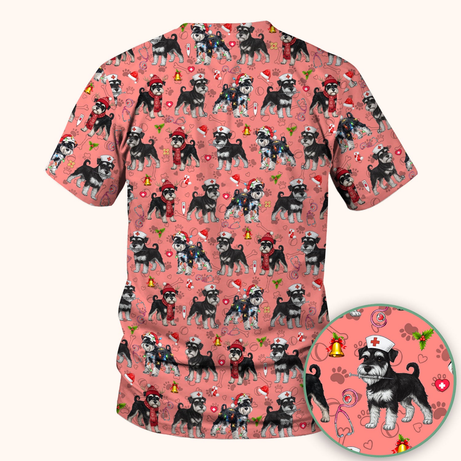 Christmas Schnauzer Scrubs for Nurses - Cute Dog Holiday Scrub Top - Funny Santa Nursing Medical Shirt for Women
