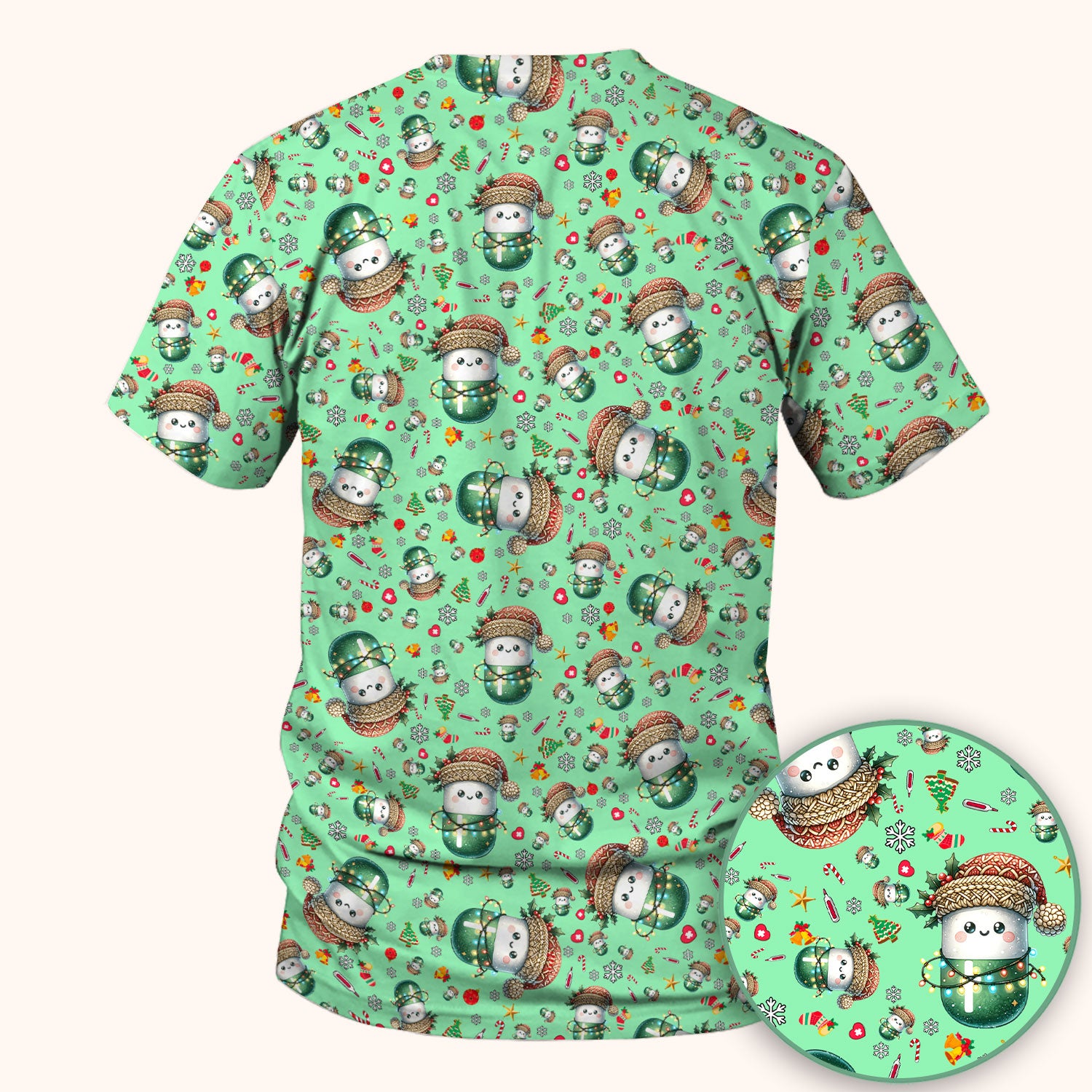 Pharmacy Tech Christmas Scrub Top – Cute Green Snowman Print Nurse Outfit – Funny Holiday Medical Uniform for Pharmacists