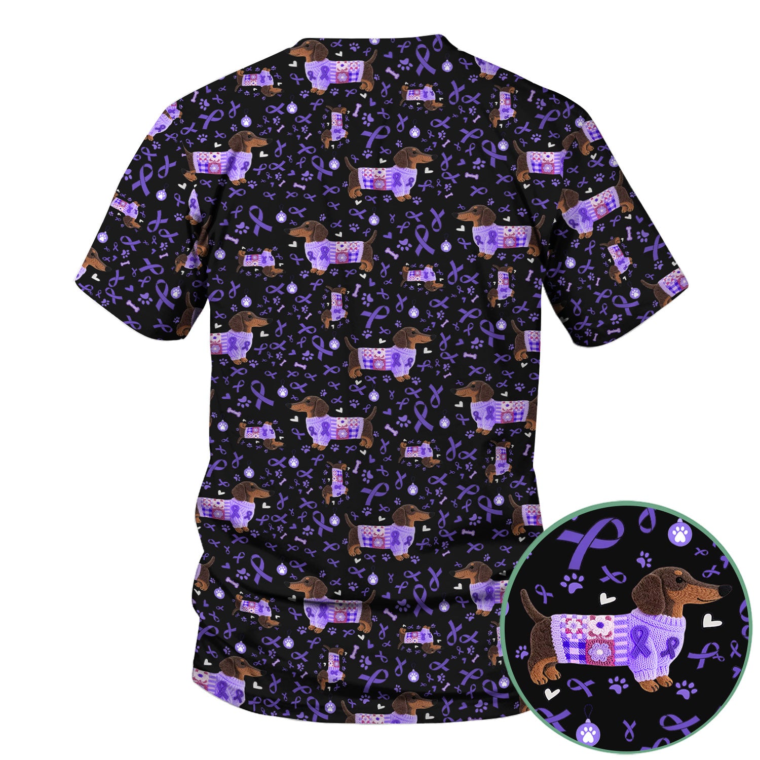 Purple Ribbon Dachshund Scrub Top for Nurses - Cute Awareness Dog Paw Prints - Support Lupus Cancer Med Uniform Gift for Women