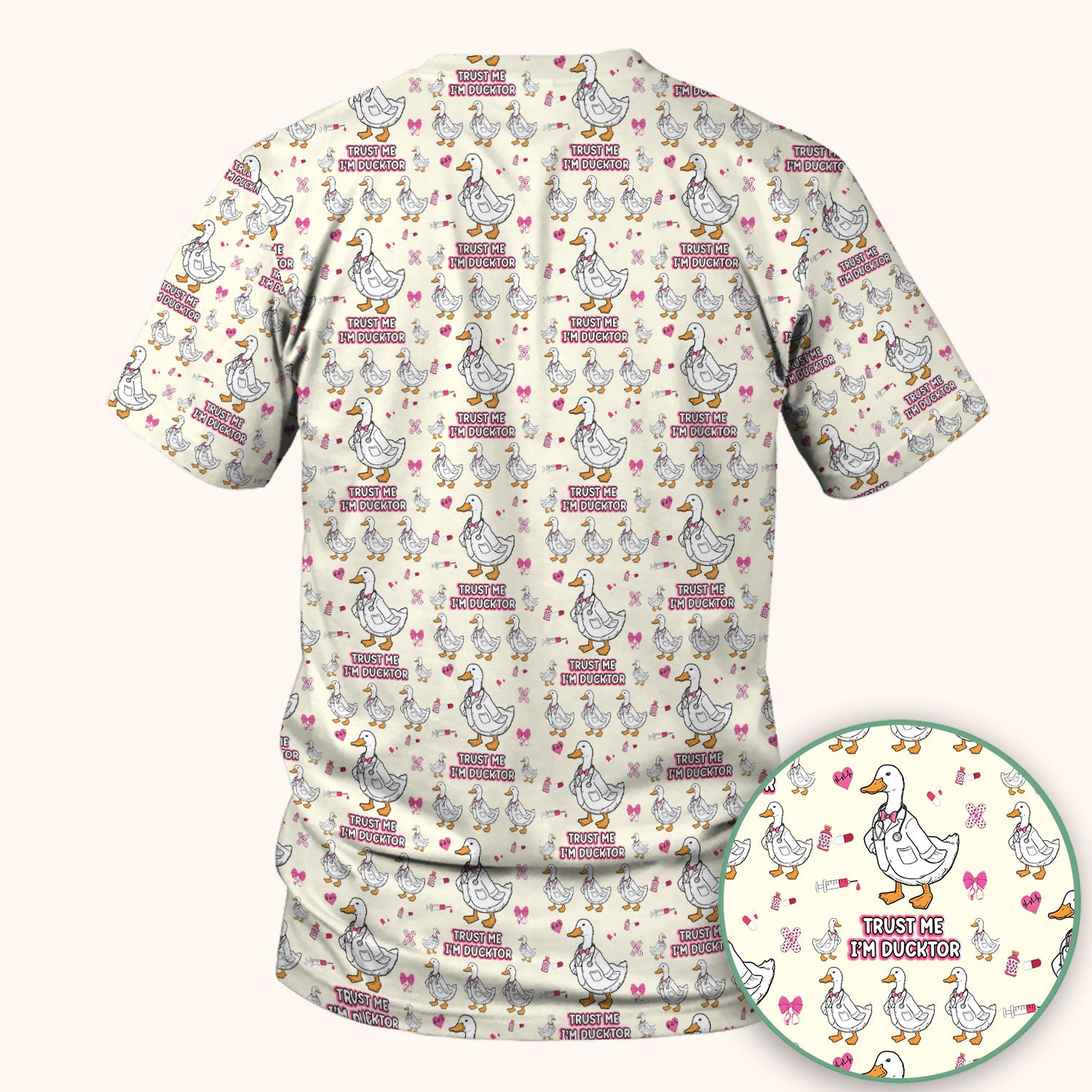Trust Me I'm Ducktor Scrub Top, Funny Duck Pattern Scrub Shirt, Breathable Fabrics Nursing Uniform For Women