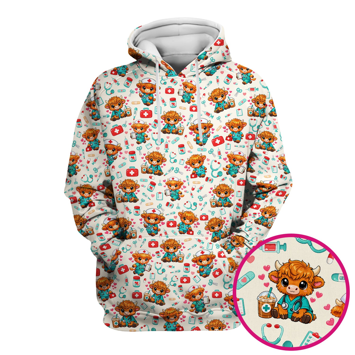 Cute Highland Cow Nurse Scrub Top, Kawaii Medical Pattern Shirt, Breathable Fabrics Nursing Uniform