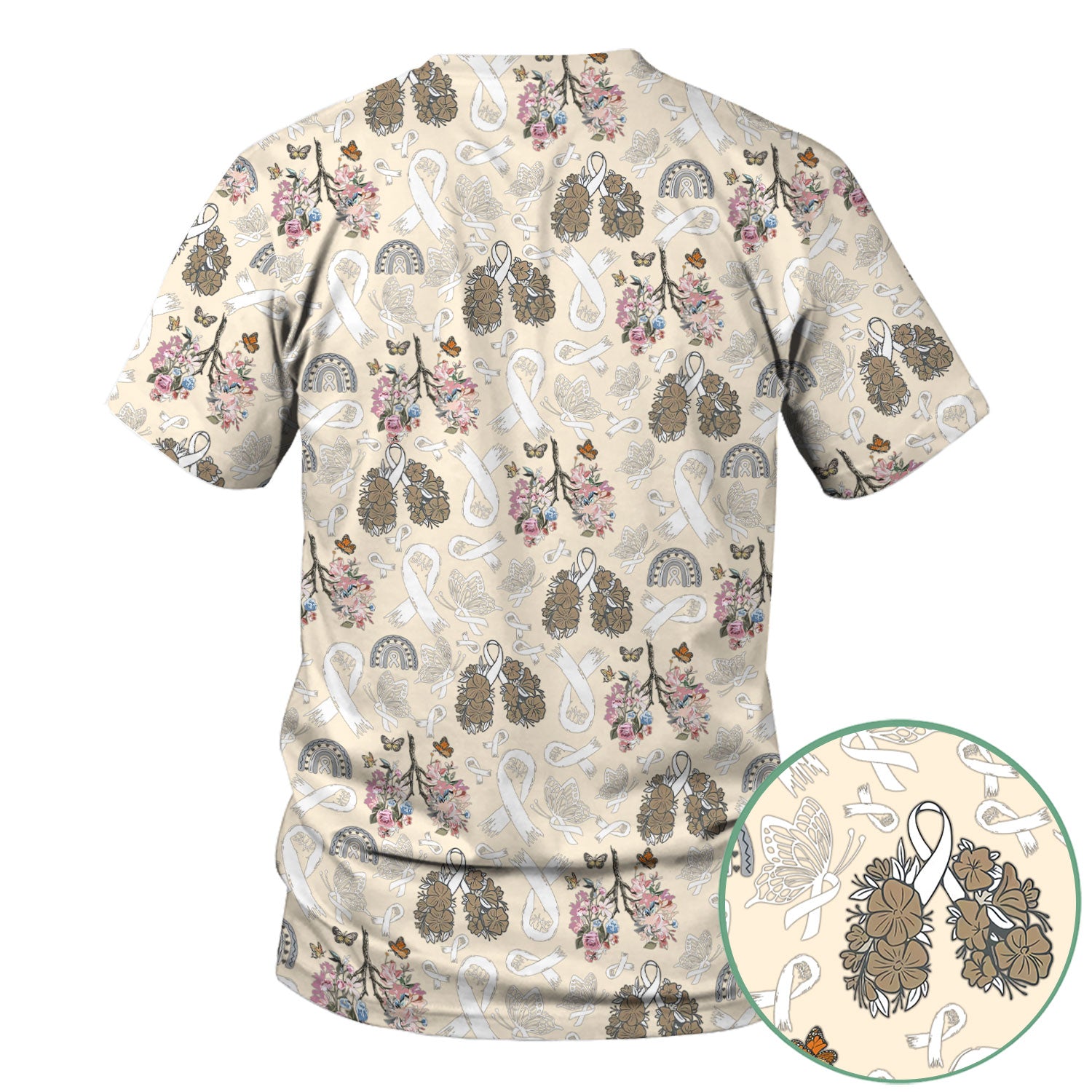 Lung Cancer Awareness Scrub Top for Women - White Ribbon Butterfly Floral Medical Uniform - Comfortable Scrubs for Nurses