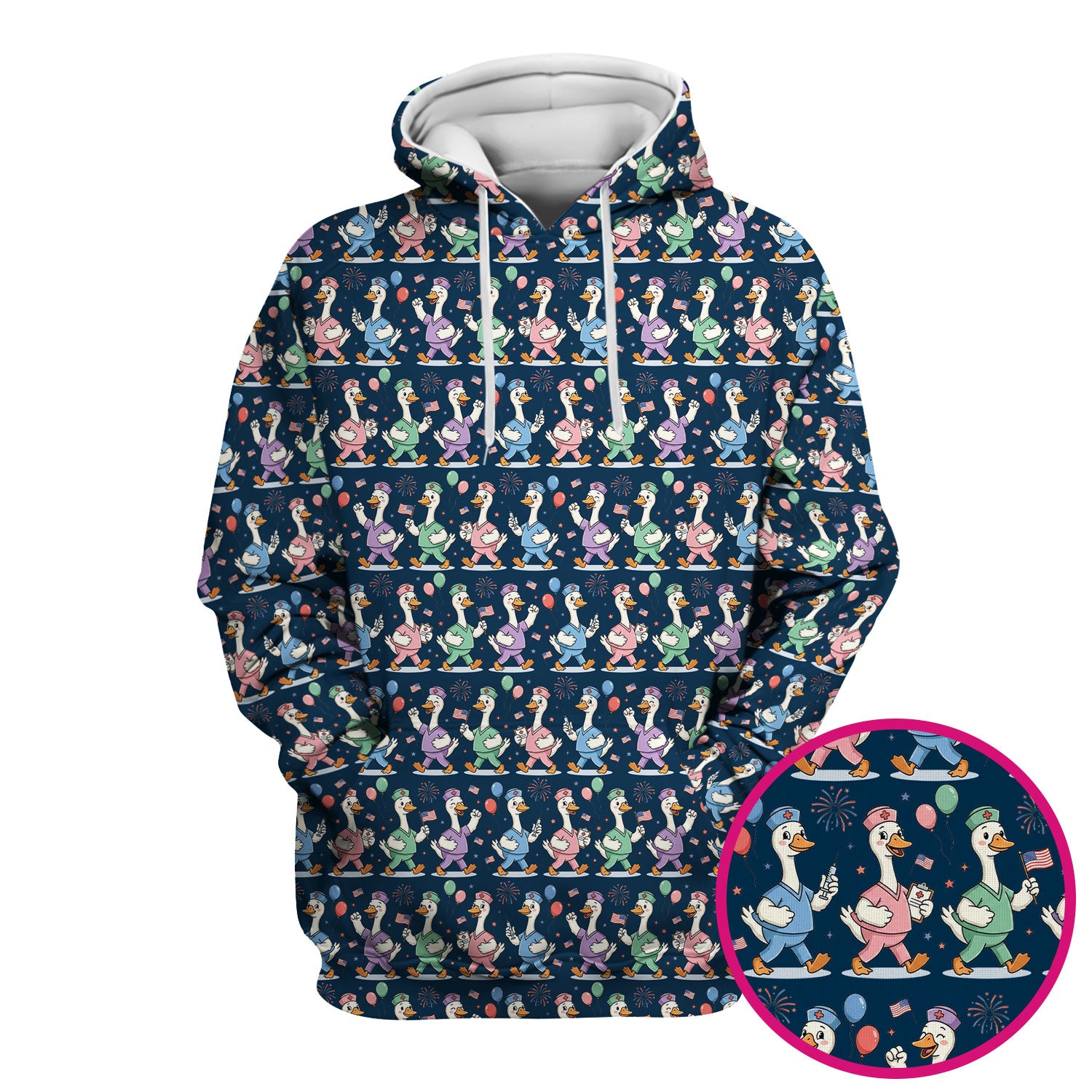 Cute Nurse Ducks Balloons Pattern Scrubs Top, Breathable Fabrics Nursing Uniform