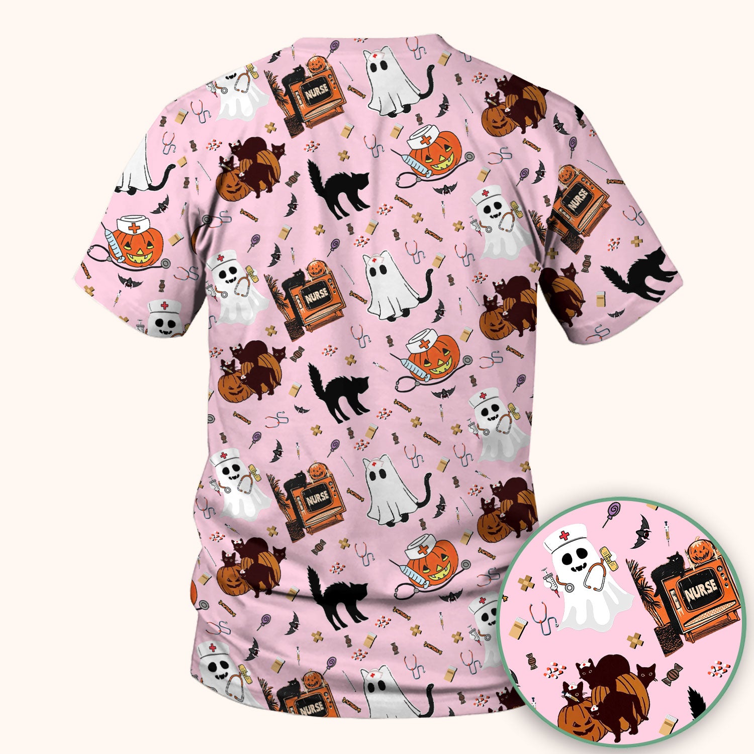 Halloween Scrub Top for Nurse - Cute Pumpkin Ghost Cat Medical Shirt - Spooky Scrubs for Women RN CNA LPN