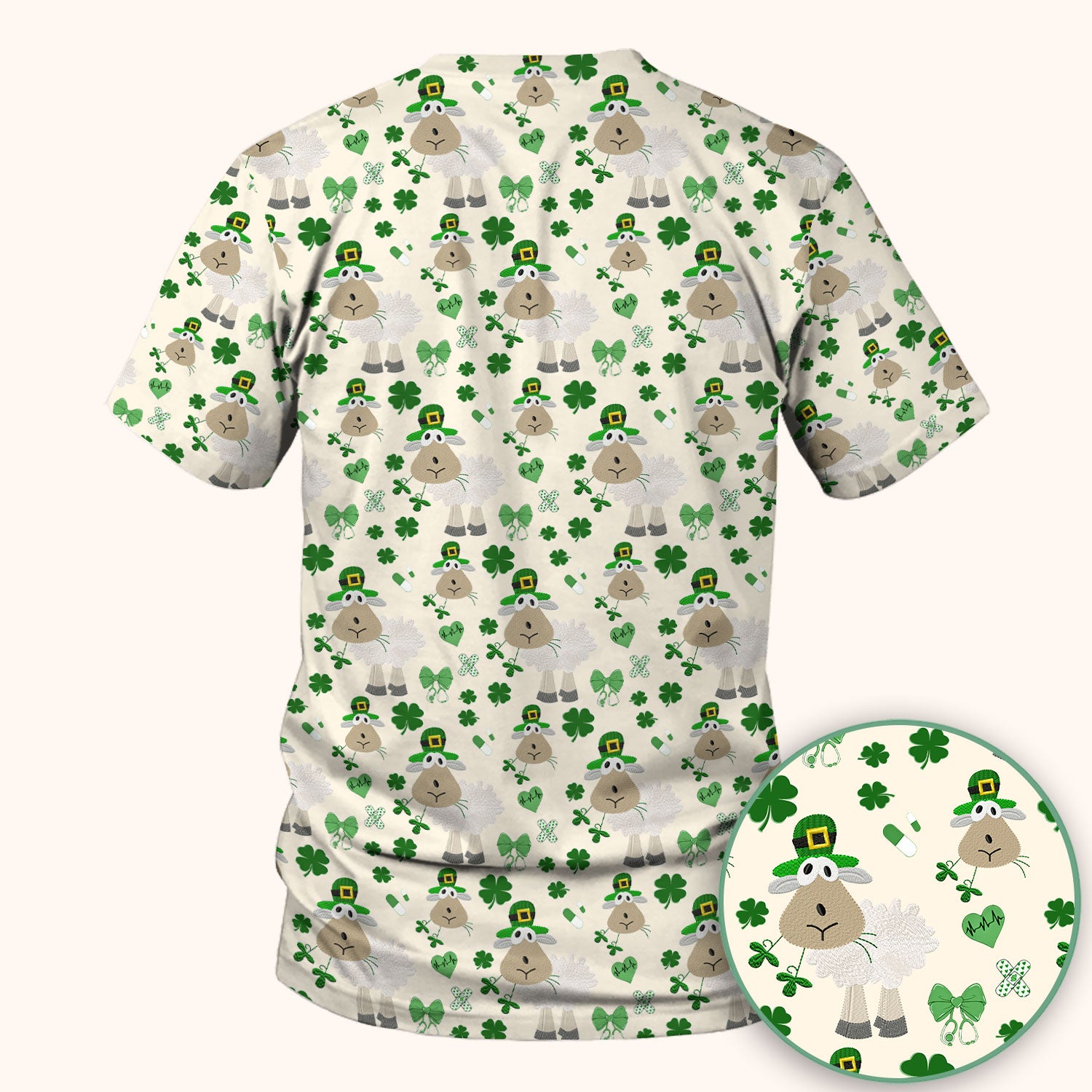Nurse St. Patrick Scrubs Top, Cute Sheep Shamrock Pattern Nurse Shirt, Breathable Fabrics Nursing Uniform