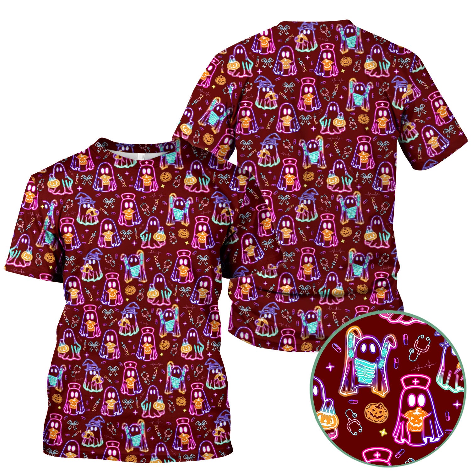 Spooky Neon Ghost Nurse Scrub Top - Halloween Pumpkin Nursing Shirt for Women - Cute Medical Uniform RN CNA LPN Gift