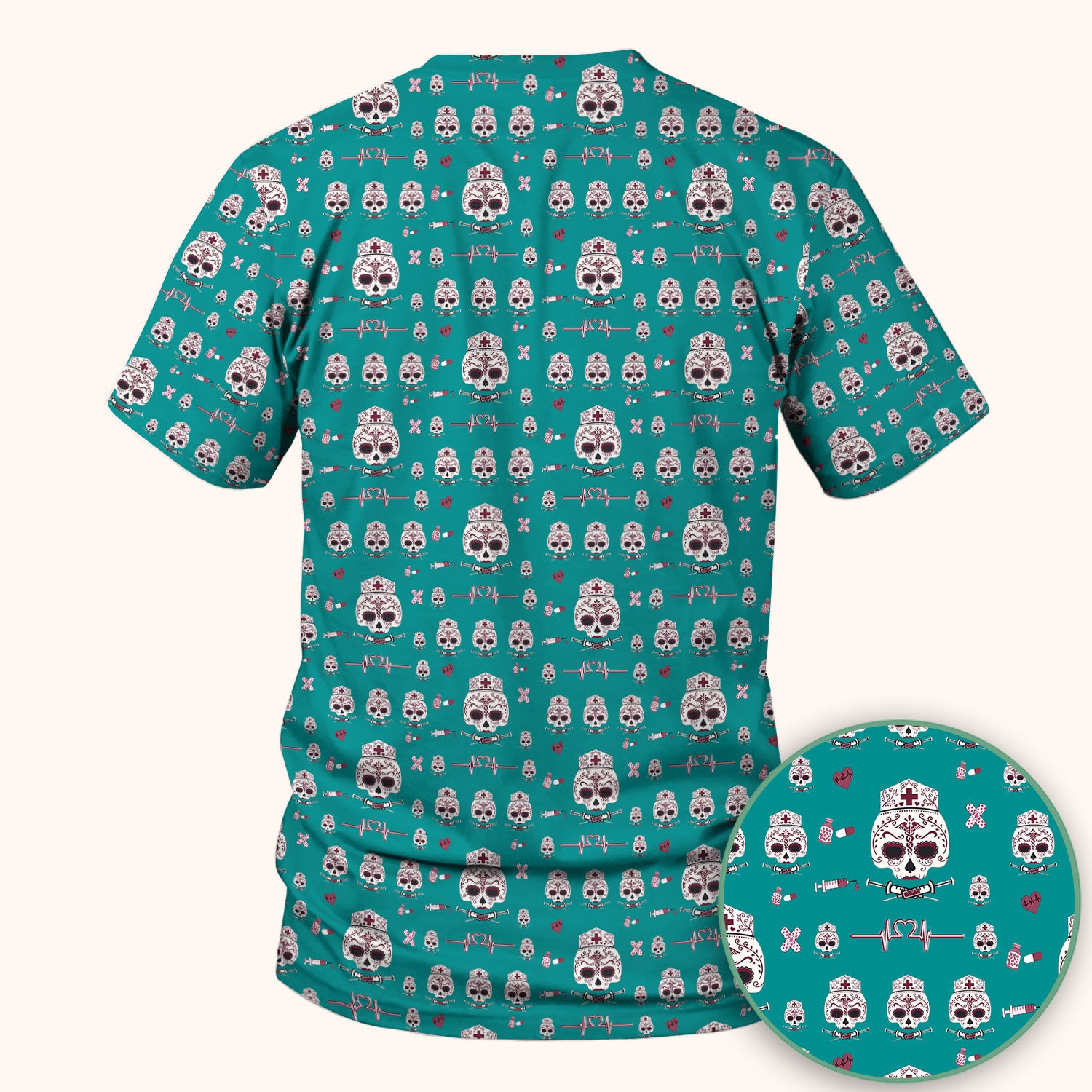 Sugar Skull Scrub Top, Skull Pattern Scrub Shirt, Breathable Fabrics Nursing Uniform