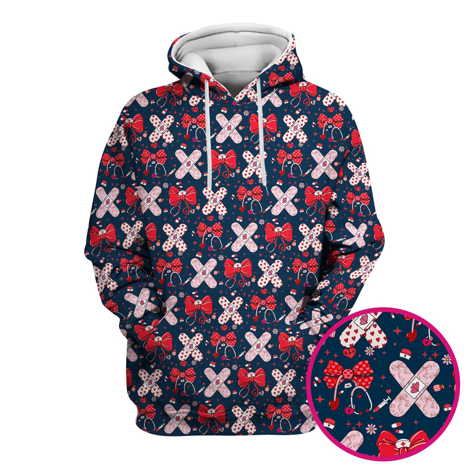 Valentine Nurse Scrub Top, Red Bow And Heart Bandage Pattern Medical Shirt, Breathable Fabrics Nursing Uniform