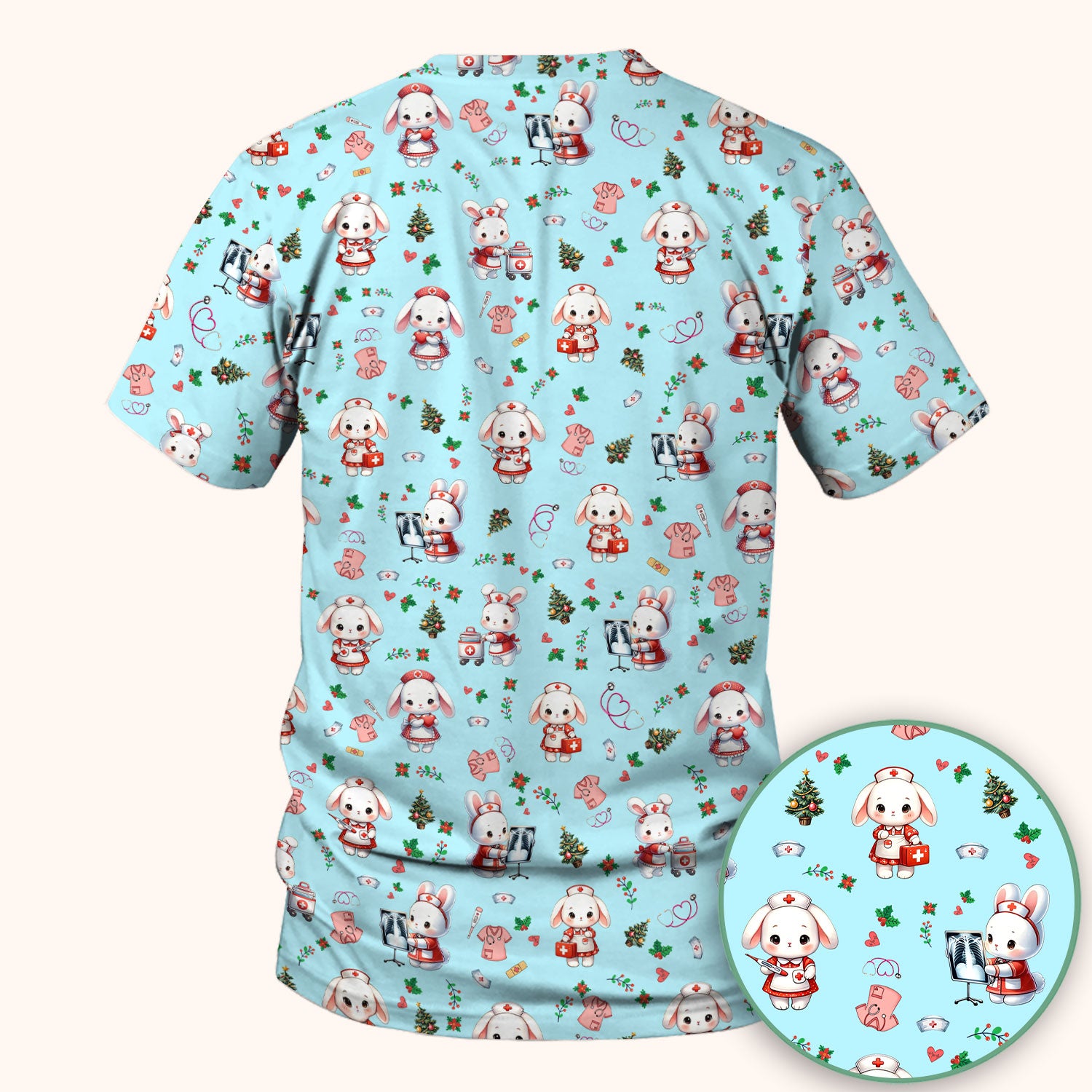 Cute Bunny Scrub Top for Nurse - Adorable Christmas Rabbit Shirt - Funny Holiday Medical Shirt Gift for Women RN LPN CNA