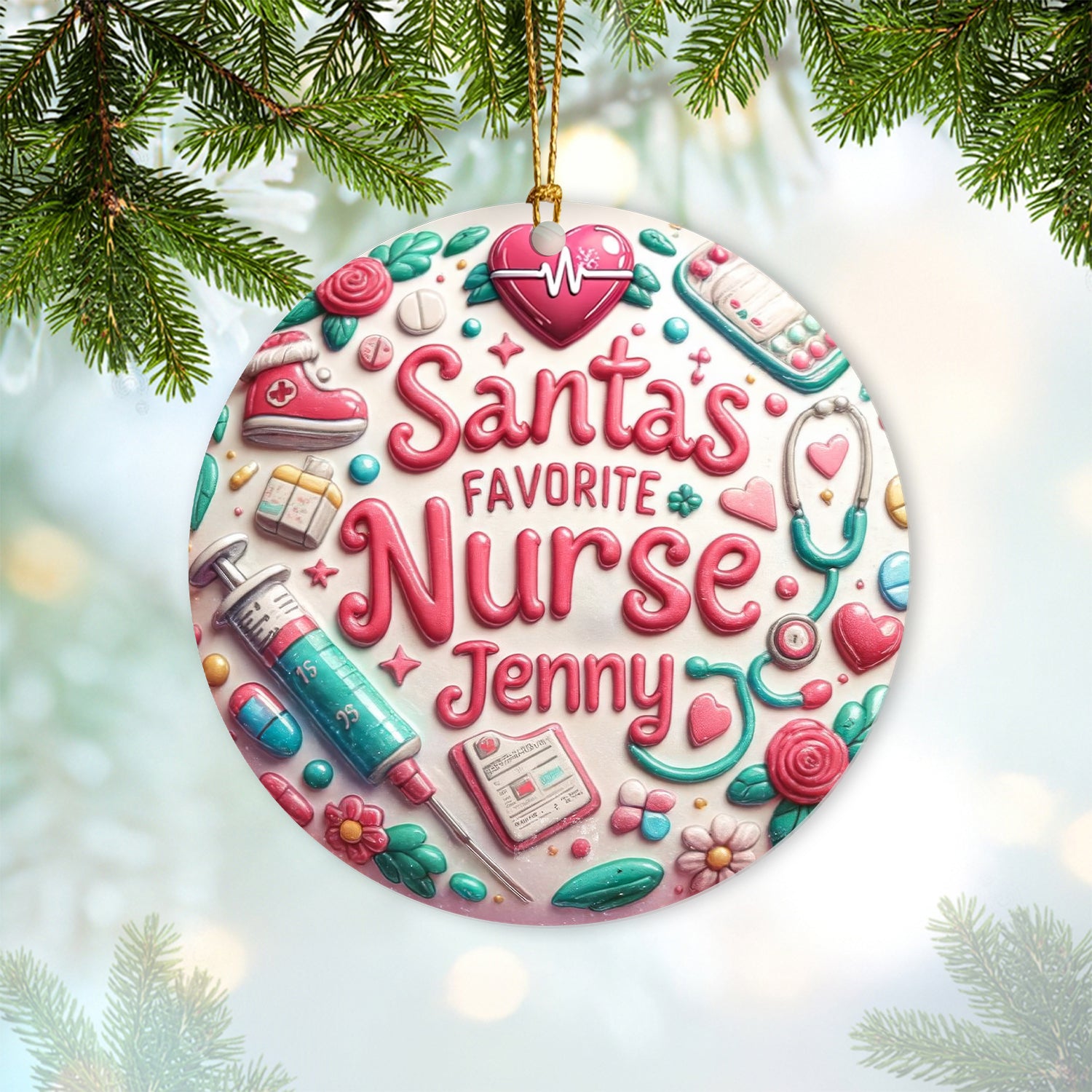 Custom Santa's Favorite Nurse Ornament, Christmas Tree Ceramic Decor, Gift for LPN CNA RN