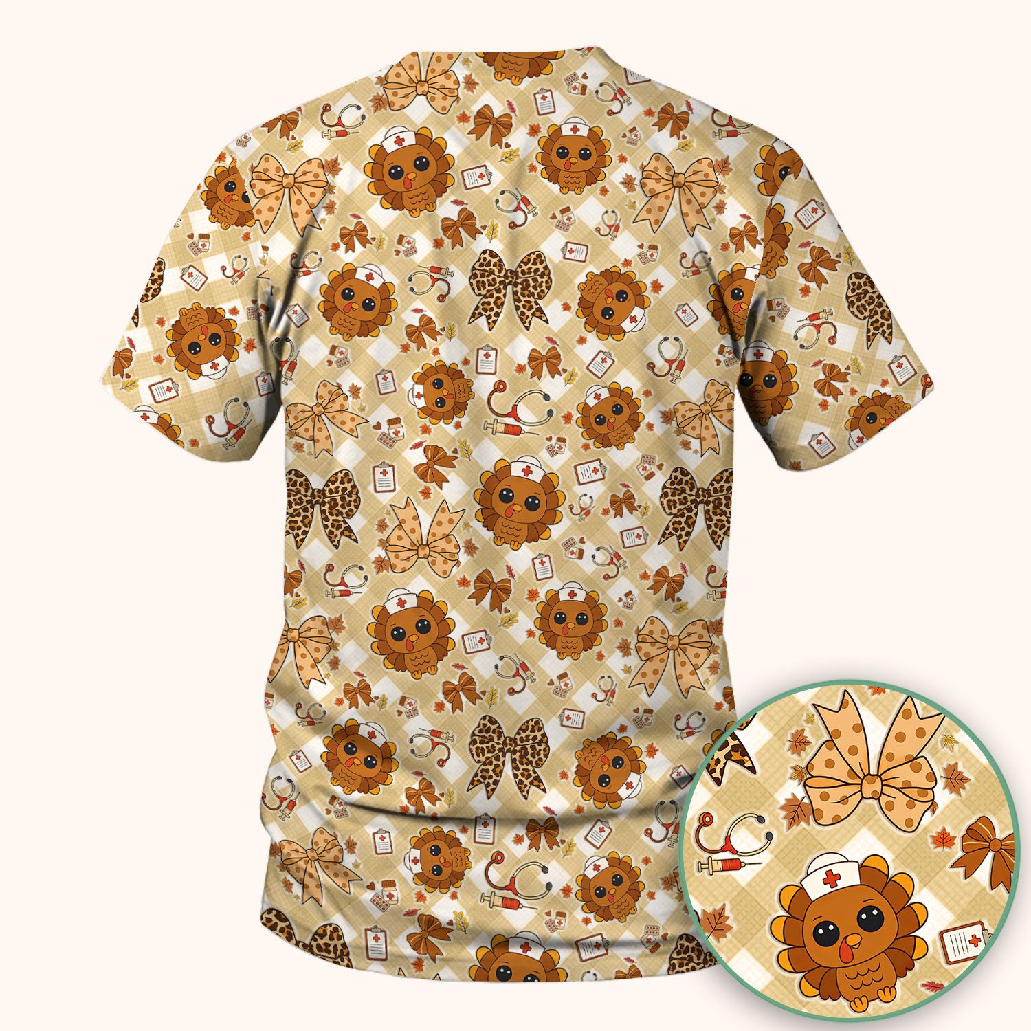 Thanksgiving Turkey Scrub Top for Nurses - Cute Fall Leaves and Bow Shirt - Funny Autumn Nursing Gift for Women RN LPN CNA