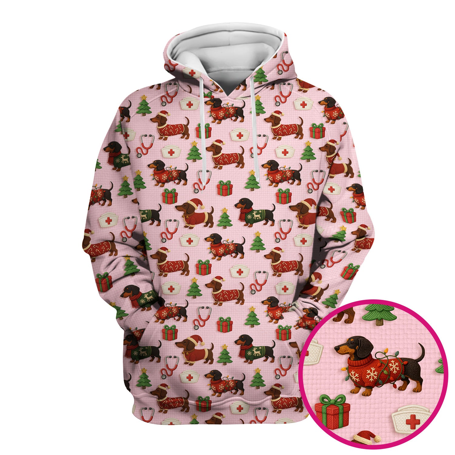 Christmas Nurse Scrubs for Women - Cute Dachshund Dog Print with Holiday Gifts & Trees - Custom Multi Color Nursing Shirt Gift