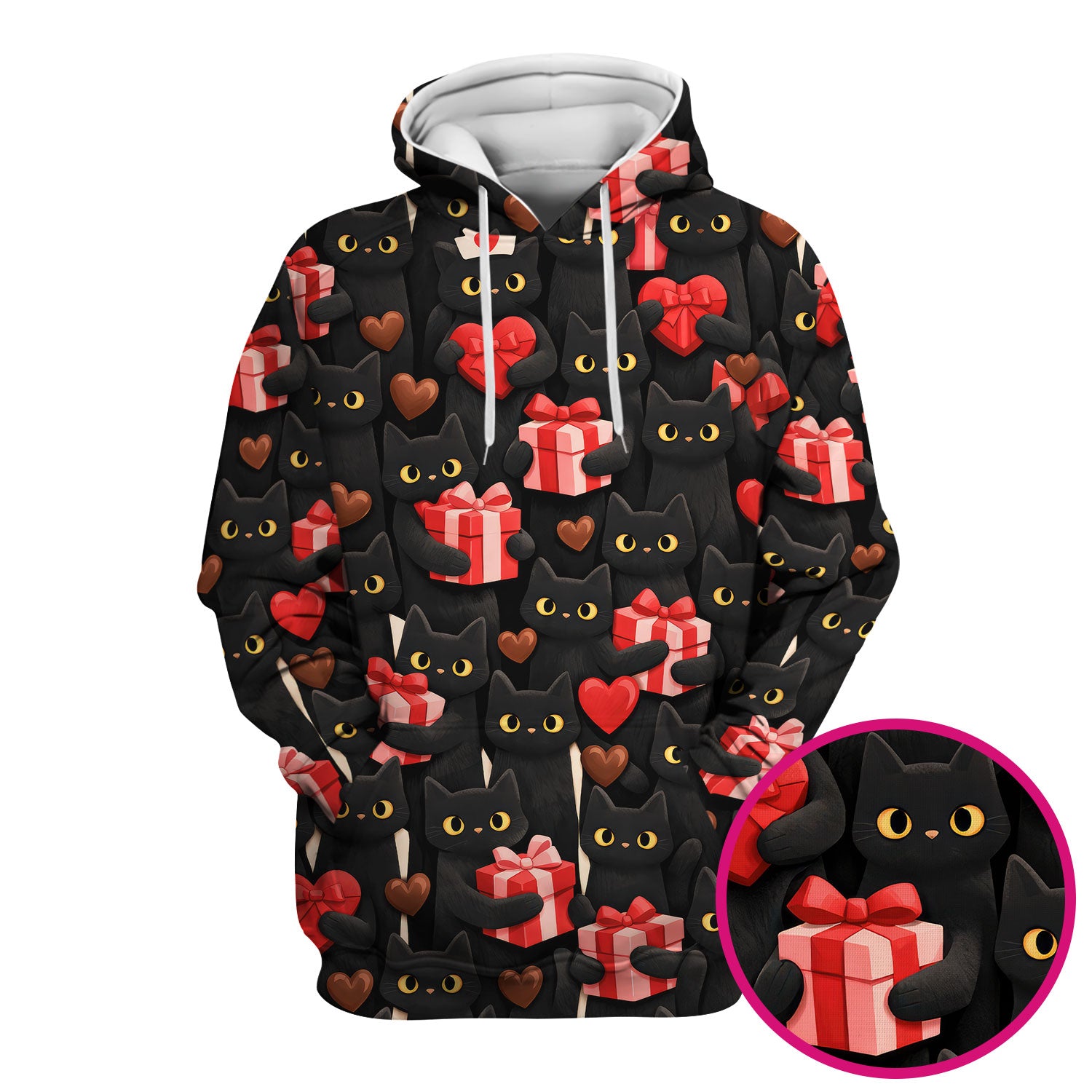 Black Cat Valentine Nurse Scrub Top, Heart Pattern Medical Shirt, Breathable Fabrics Nursing Uniform