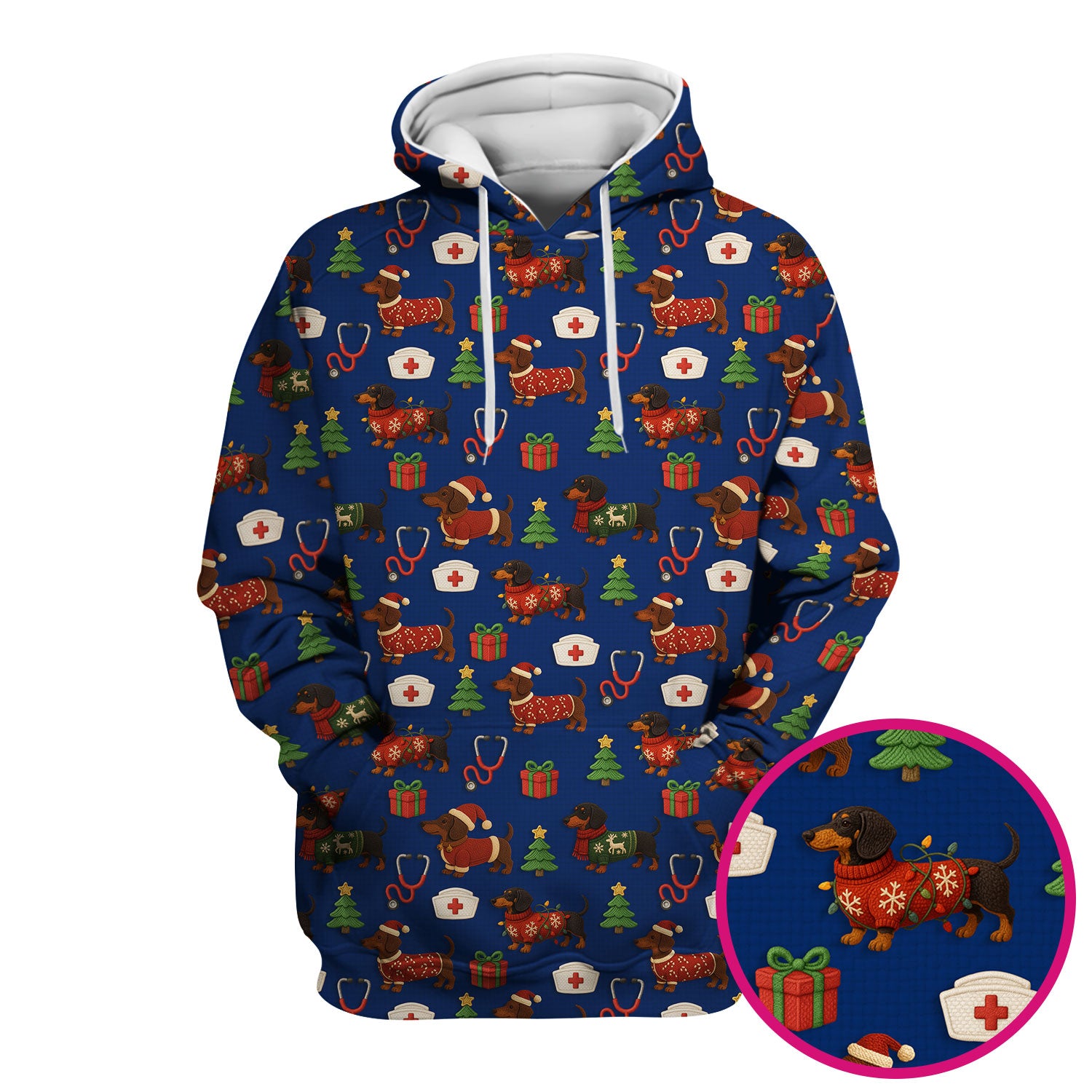 Christmas Nurse Scrubs for Women - Cute Dachshund Dog Print with Holiday Gifts & Trees - Custom Multi Color Nursing Shirt Gift