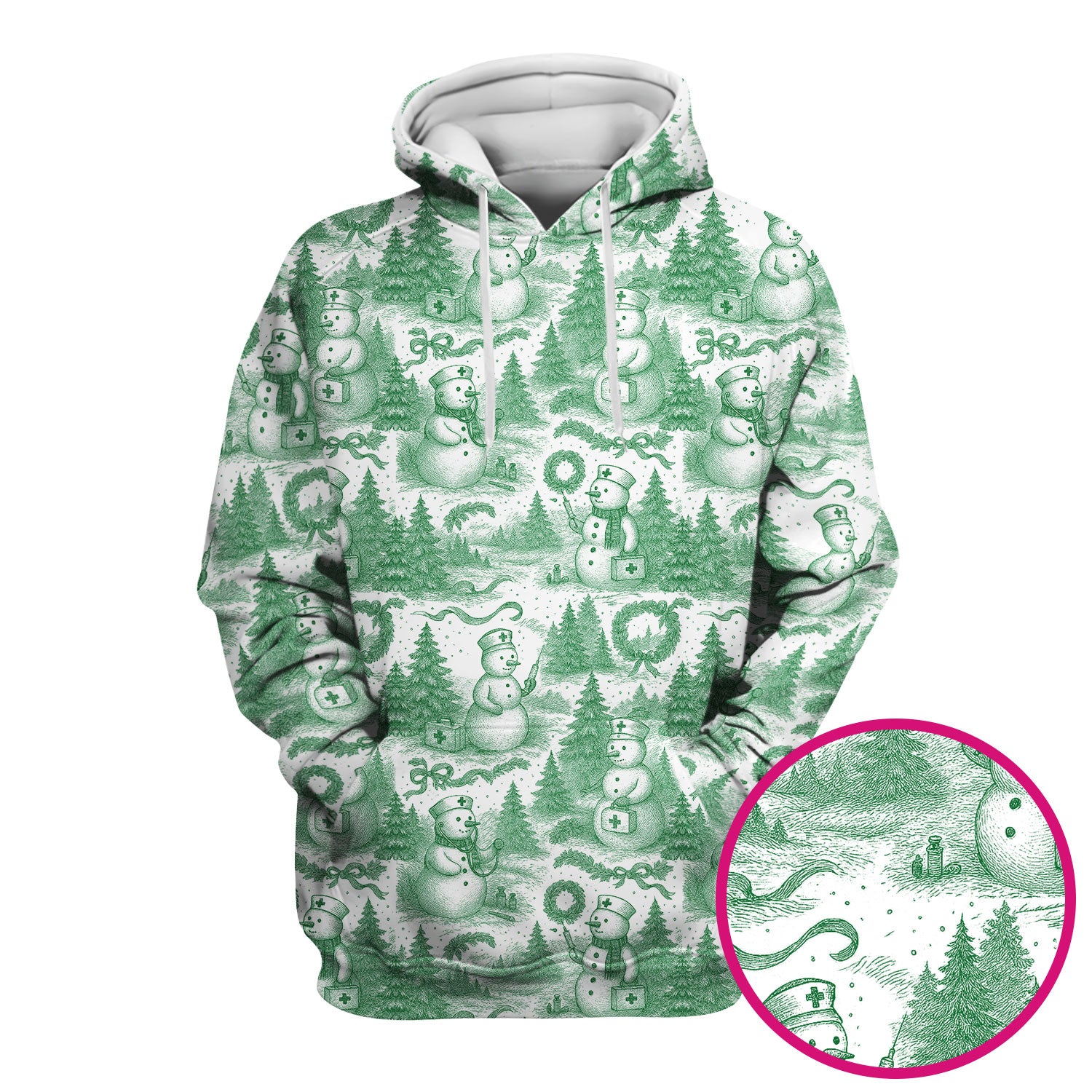 Christmas Scrub Top for Women – Toile de Jouy Snowman and Medical Pattern – Vintage Holiday Nurse Scrubs for Festive Season