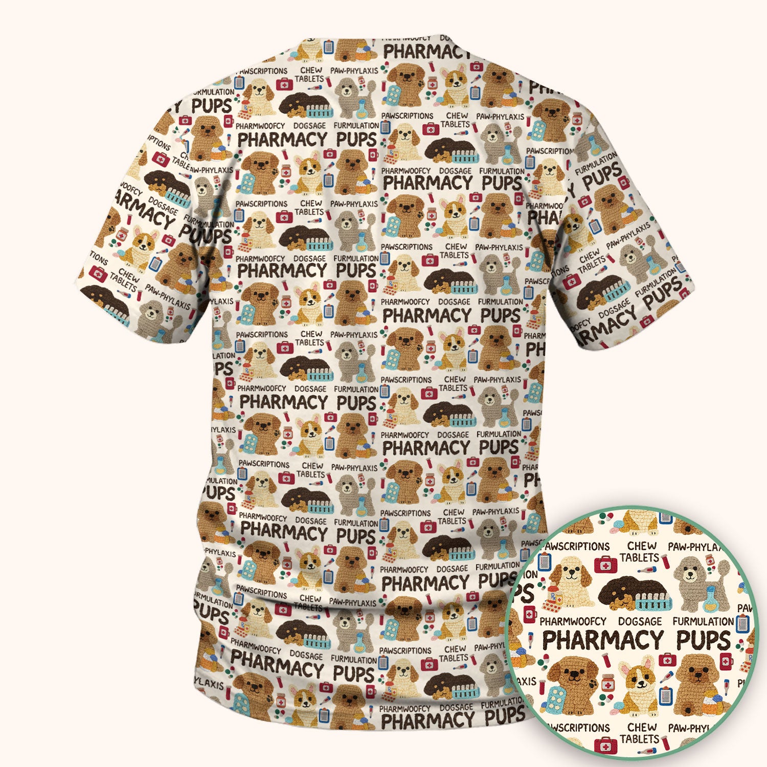 Pharmacy Pups Scrub Top for Women - Cute Dog Pattern Medical Shirt for Pharmacists & Vet Techs - Fun Blue Pharmacy Nurse Uniform