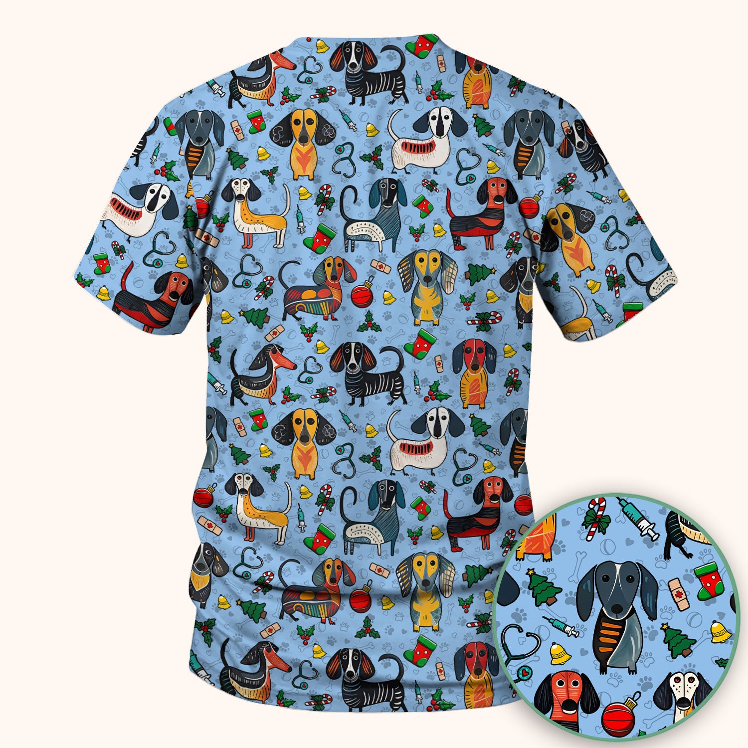 Christmas Wiener Dog Scrub Top - Funny Sausage Dog Nurse Shirt for Women - Holiday Medical Uniform