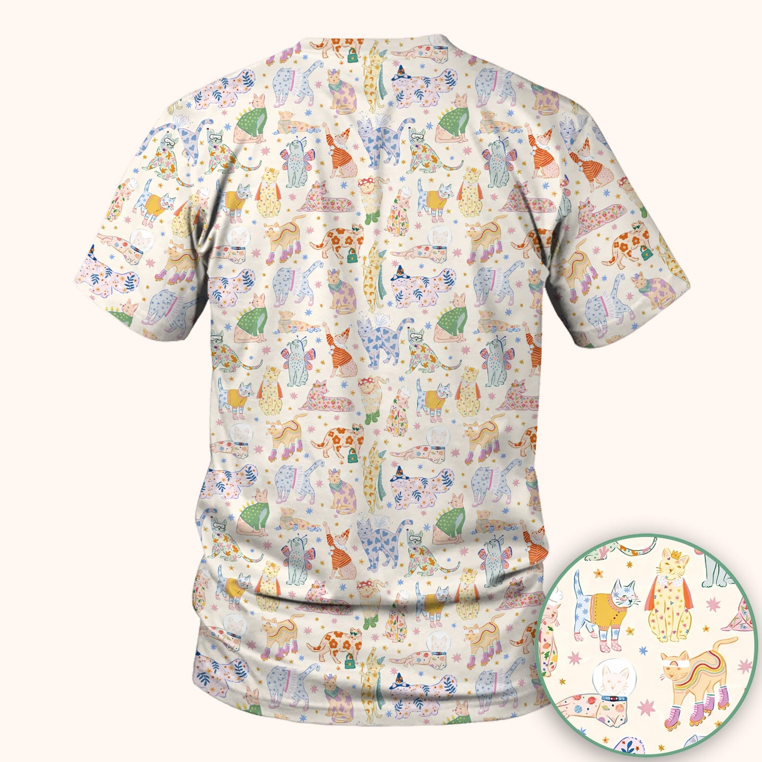Cute Colorful Cats Pattern Scrub Top, Comfortable Scrubs for Nurses