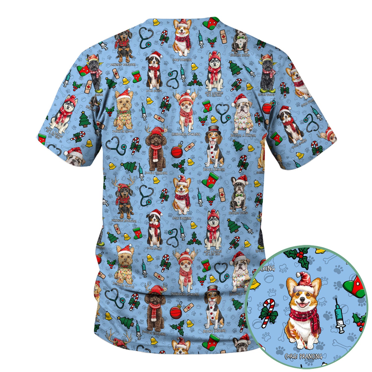 Christmas Dog Scrubs for Nurses – Dachshund, Husky, Poodle, Corgi & Labrador Holiday Scrub Top – Funny Santa Pattern Medical Shirt