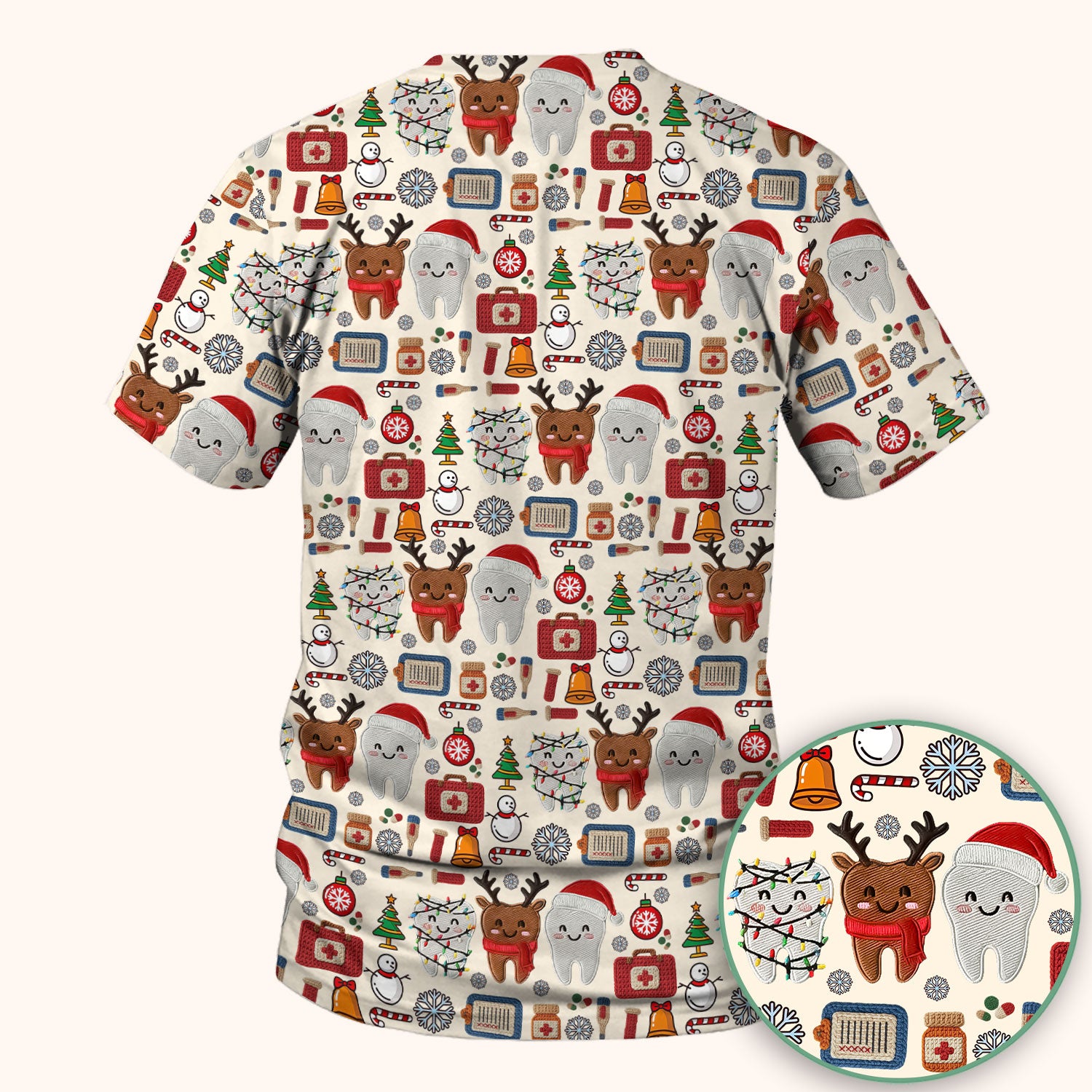 Christmas Dental Scrub Top - Cute Santa & Reindeer Tooth Shirt - Funny Holiday Medical Uniform for Dentists, Hygienists & Nurses